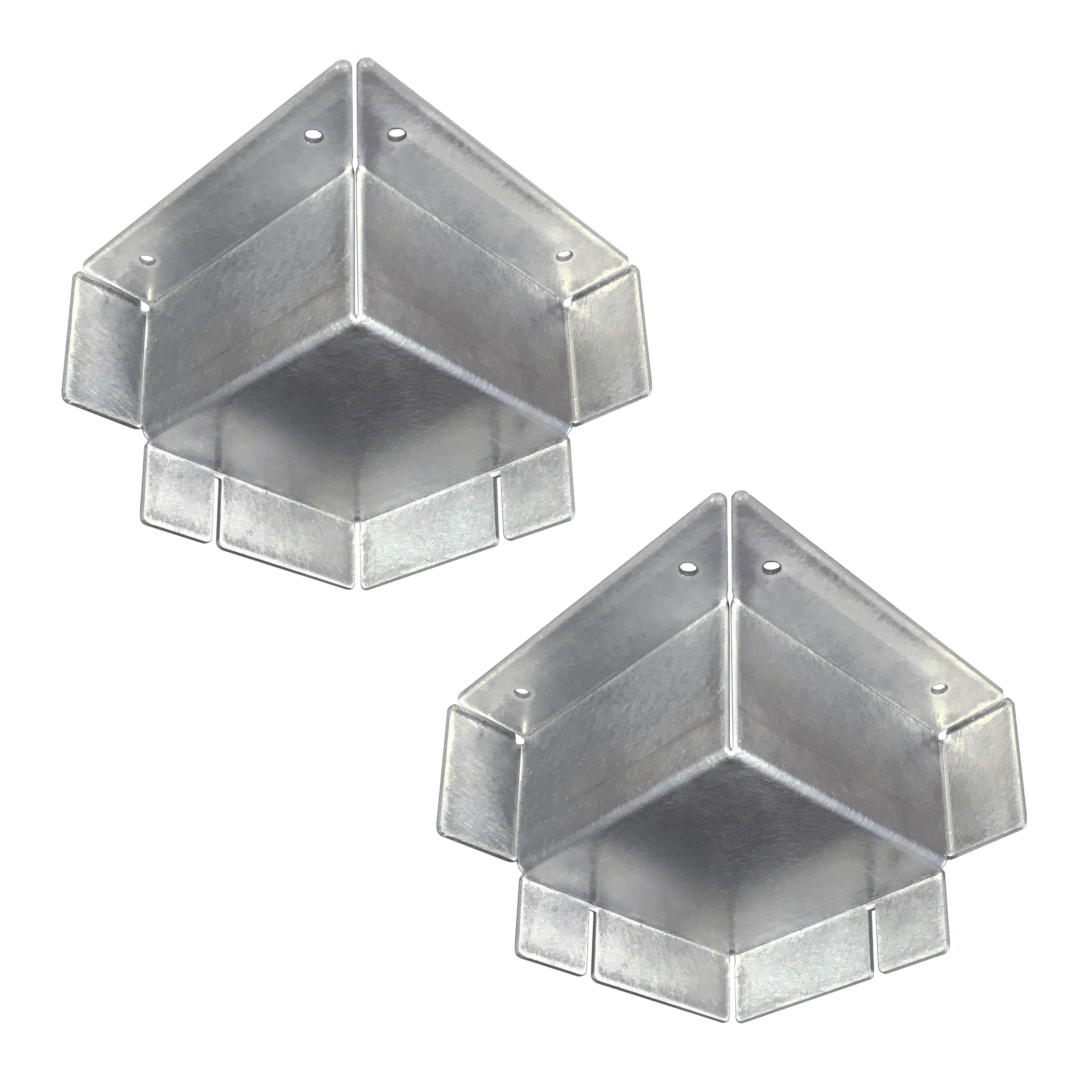 Two Corner Casting Covers made of silver steel with visible screws, designed for connecting steel studs in wall framing.