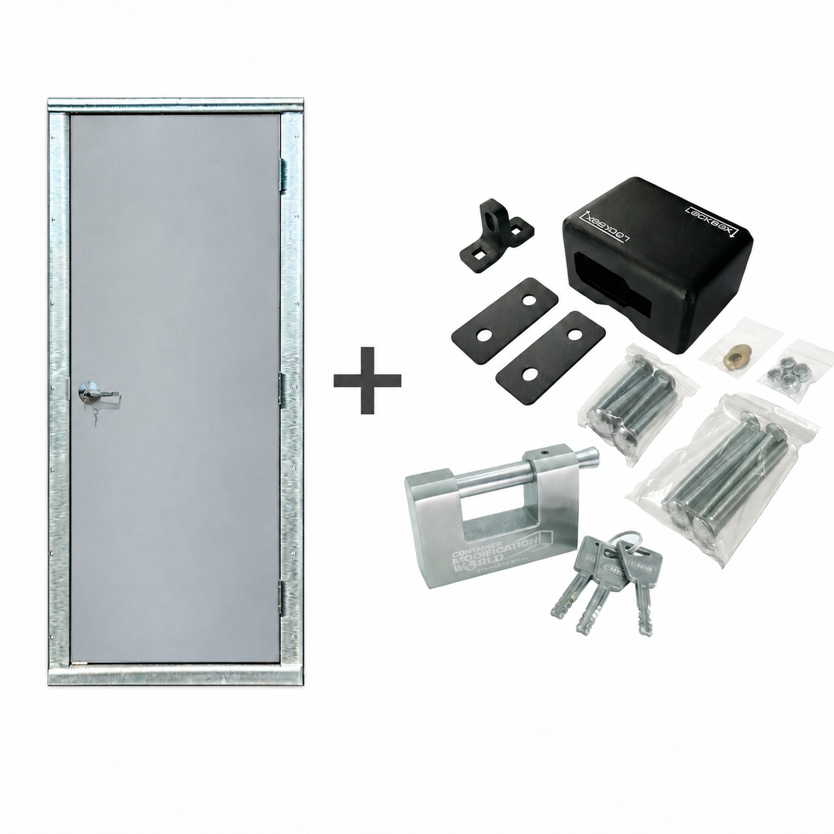 36-inch insulated steel man door and frame with DoorGuard lock box, lock, keys, and installation hardware
