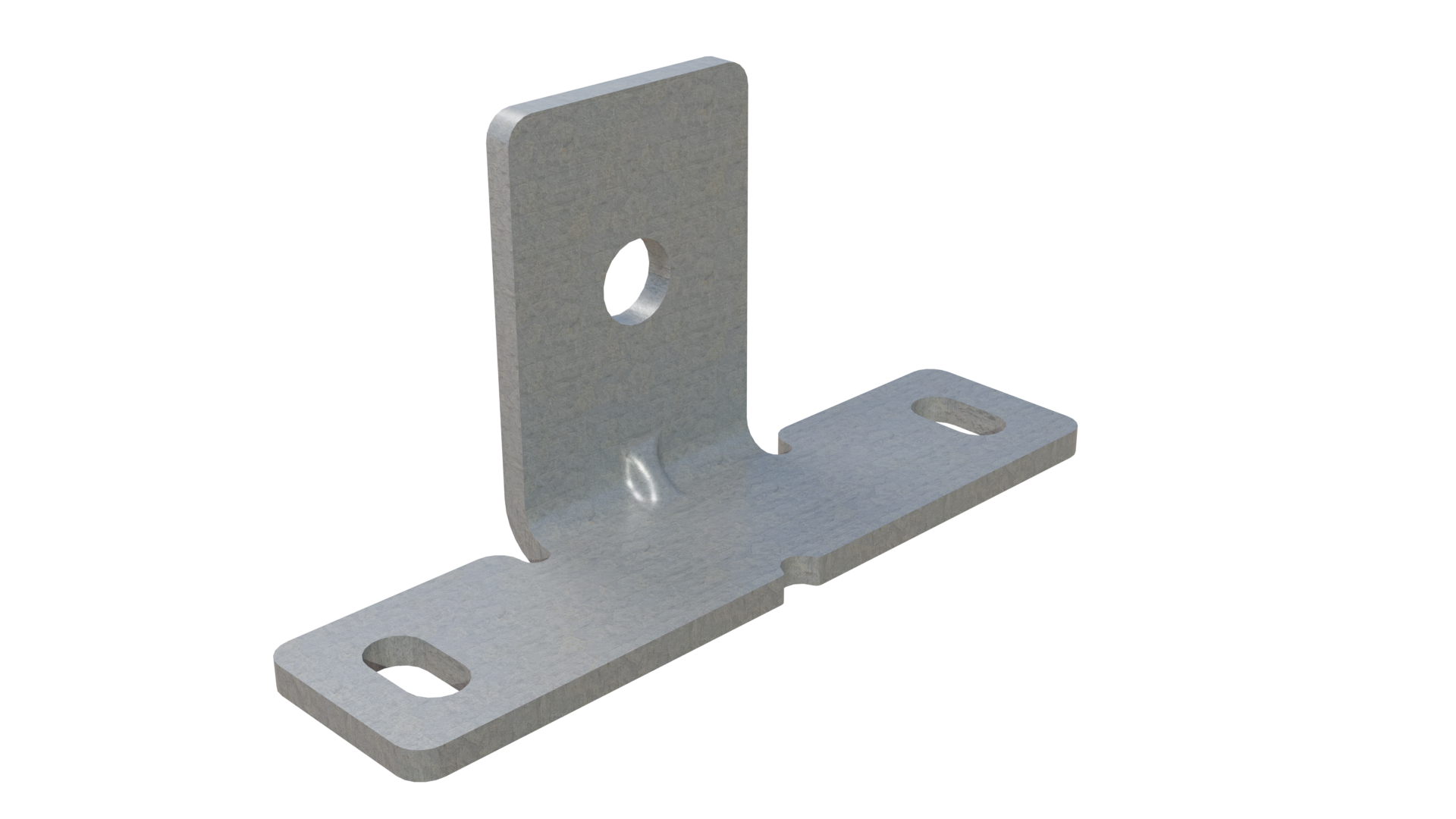 Galvanized wide-base strut mounting bracket with three bolt holes for securing channels inside ISO shipping containers without welding or exterior screws.