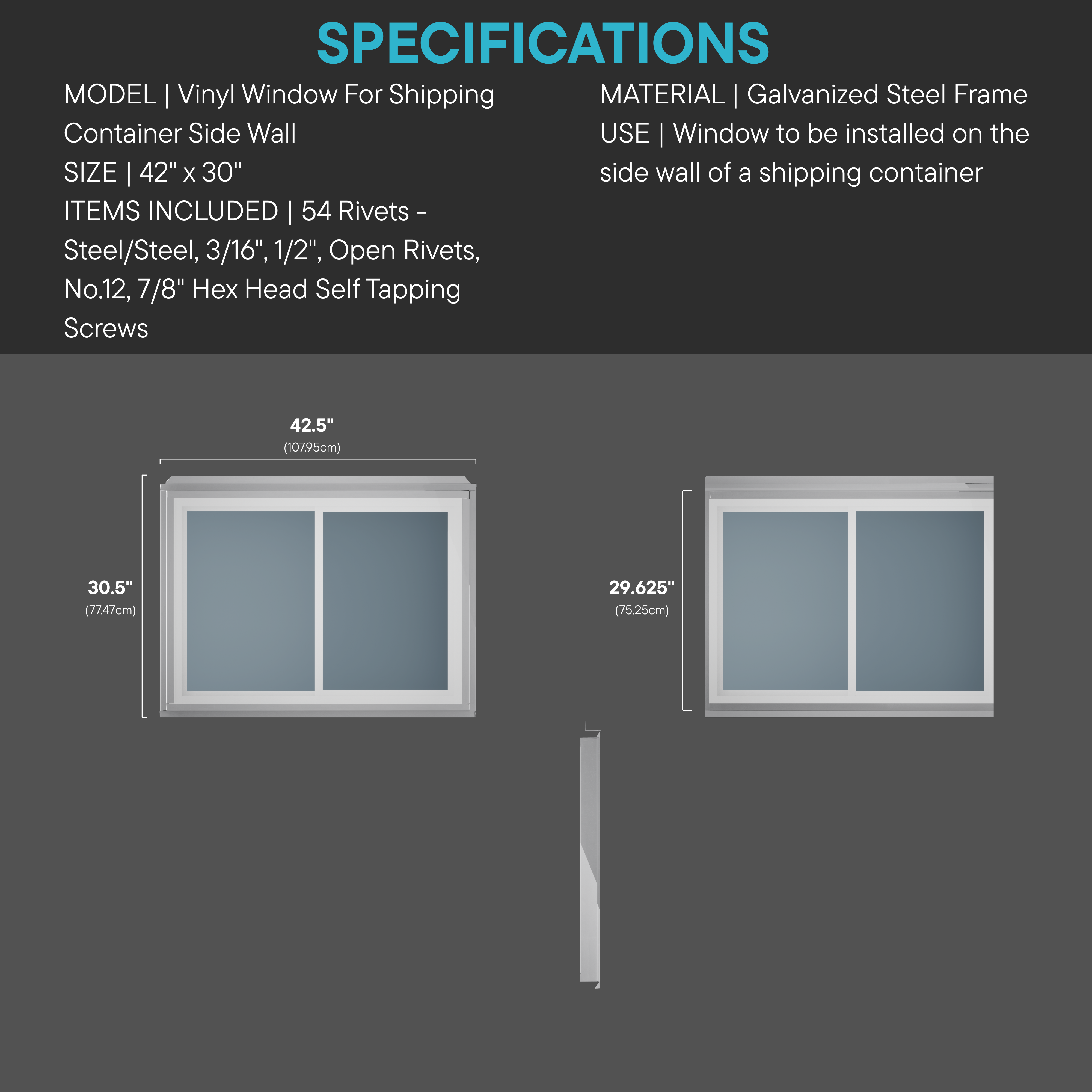 Specification diagram for 42" x 30" vinyl window with galvanized steel frame, showing dimensions, included hardware, and installation details for shipping container side wall.