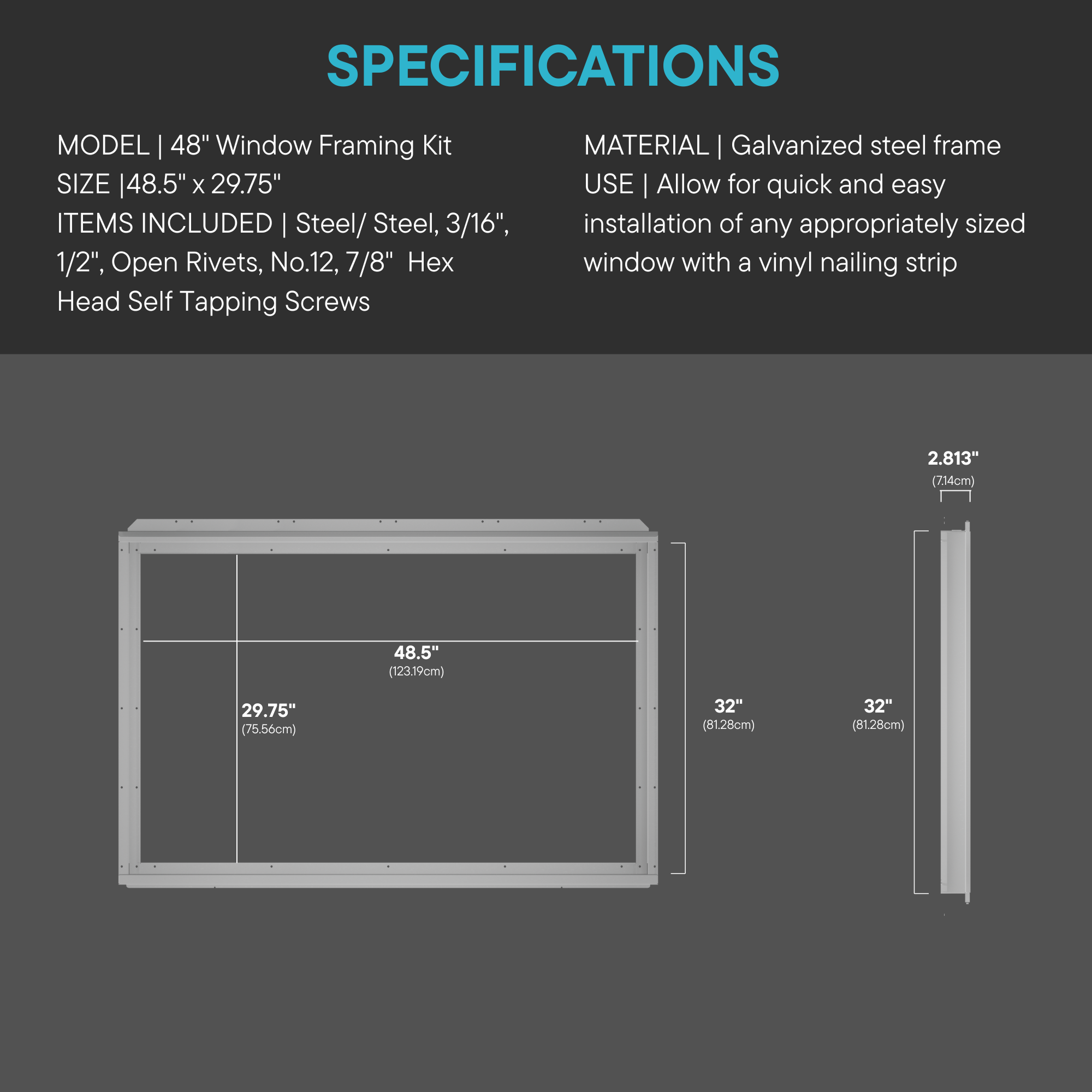 48" x 30" End Wall Vinyl Sliding Window Framing Kit