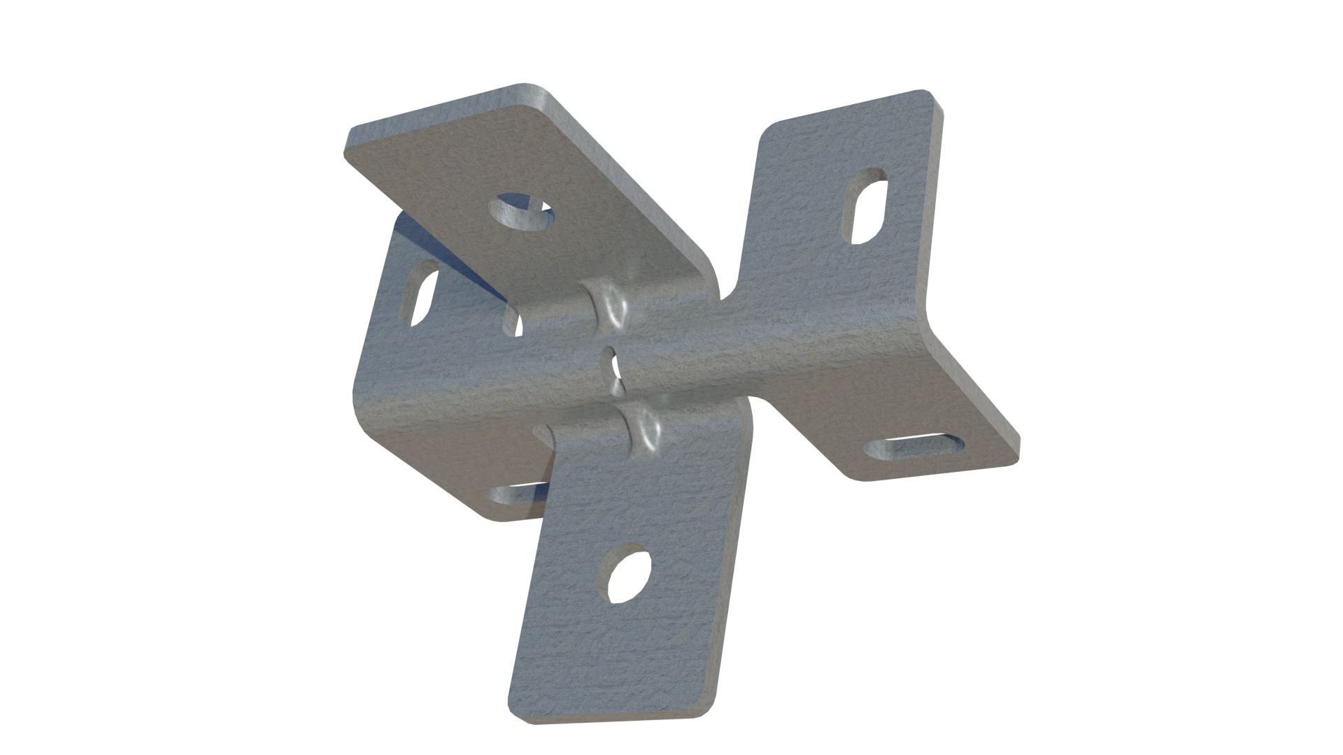 Galvanized steel 4-way cross bracket with multiple bolt holes for securely mounting strut channels in ISO shipping containers without welding or exterior fasteners.