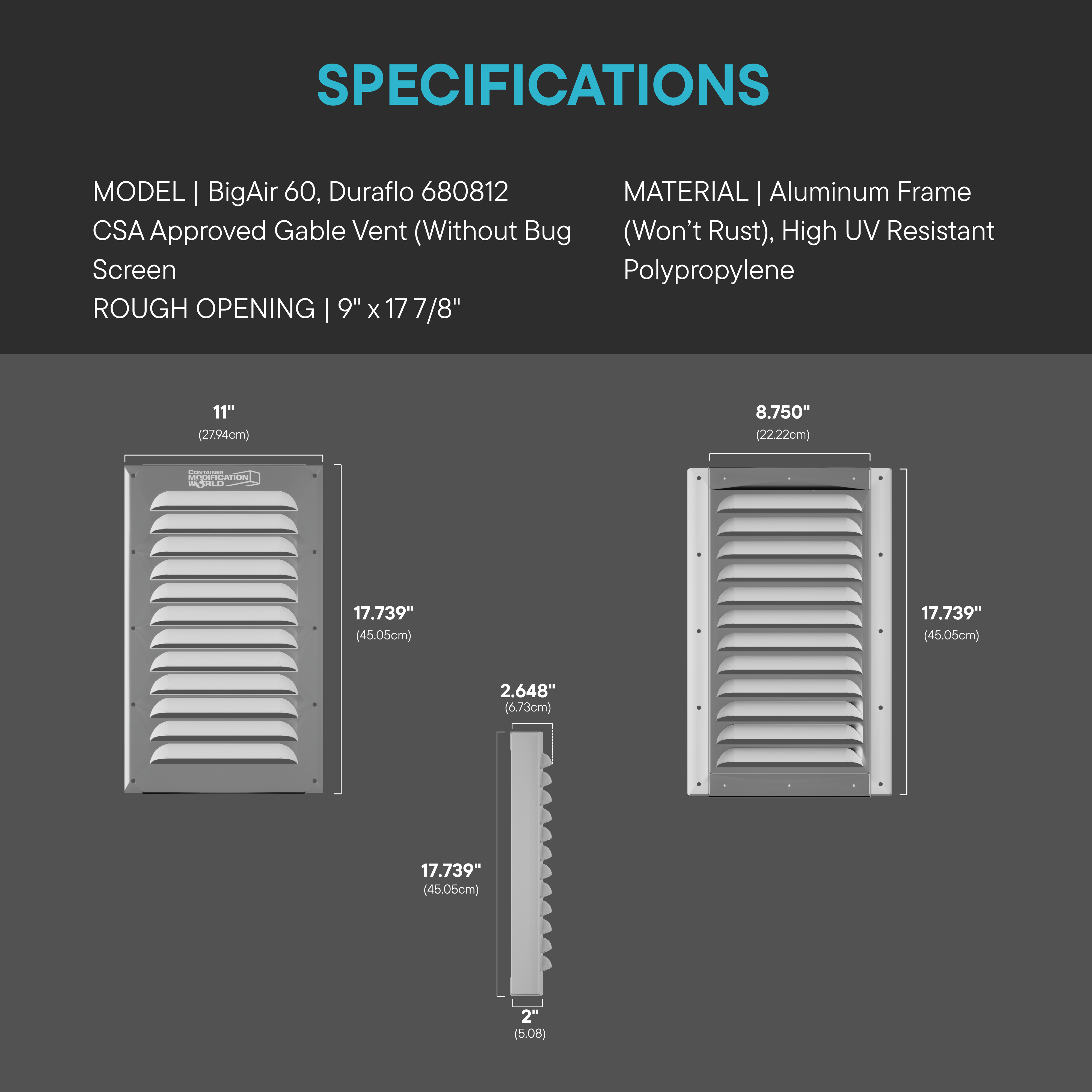 Specifications of a BigAir 60 Duraflo gable vent without a bug screen