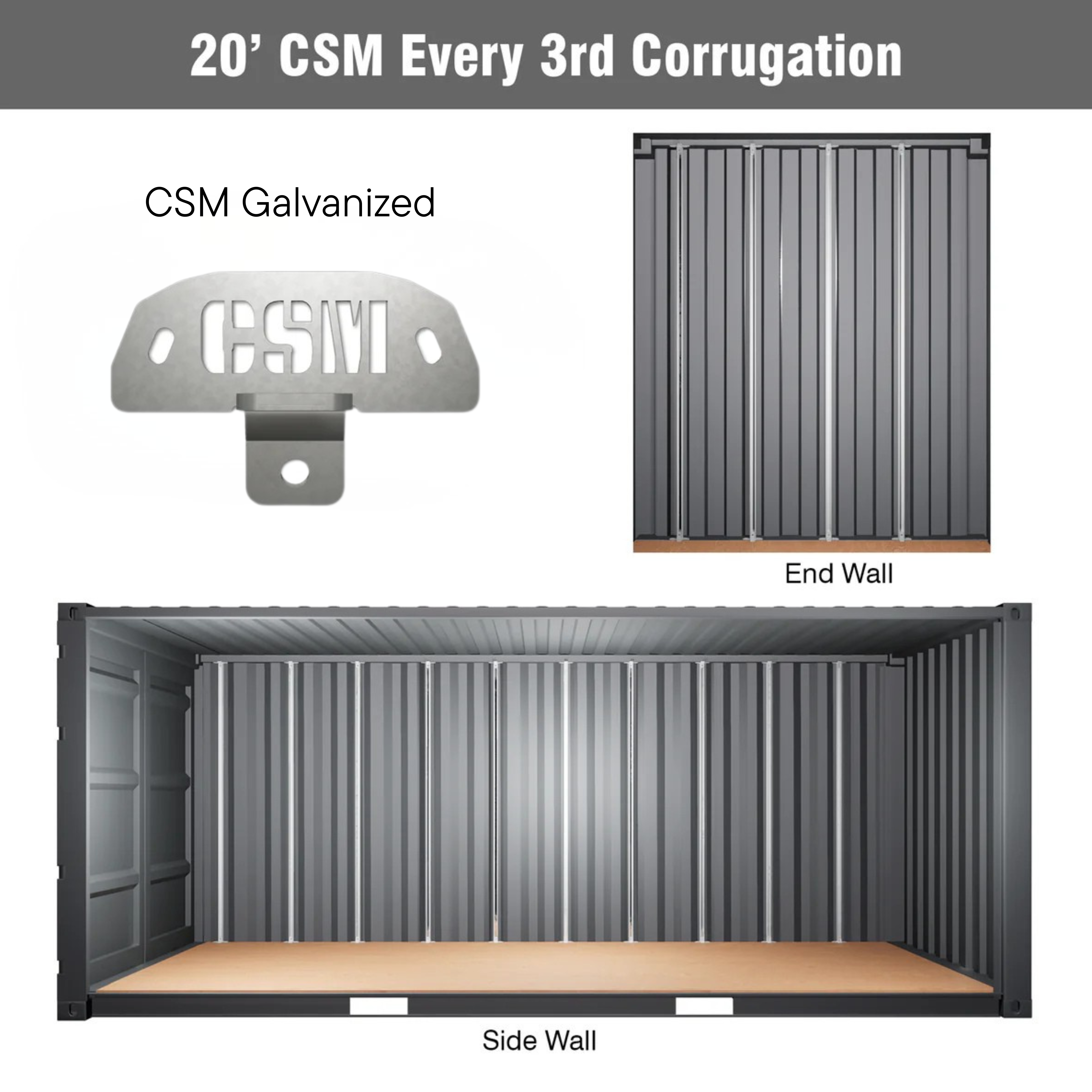 CSM Bracket setup for 20' shipping containers using every 3rd corrugation, showing end wall and side wall mounting configurations with black powder coated and galvanized bracket options.