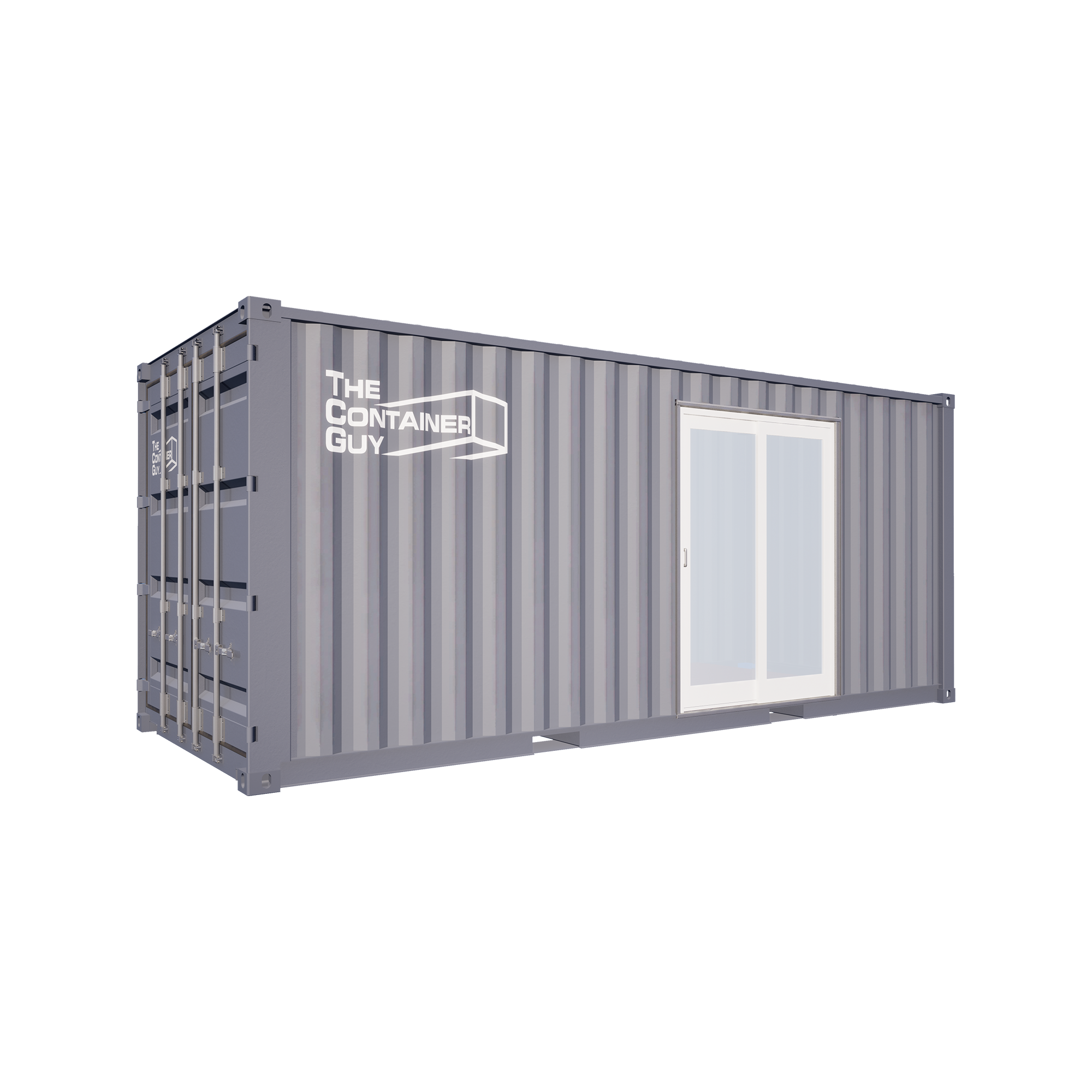 Side view of sliding patio door frame installed on a shipping container sidewall, enhancing curb appeal and providing structural durability