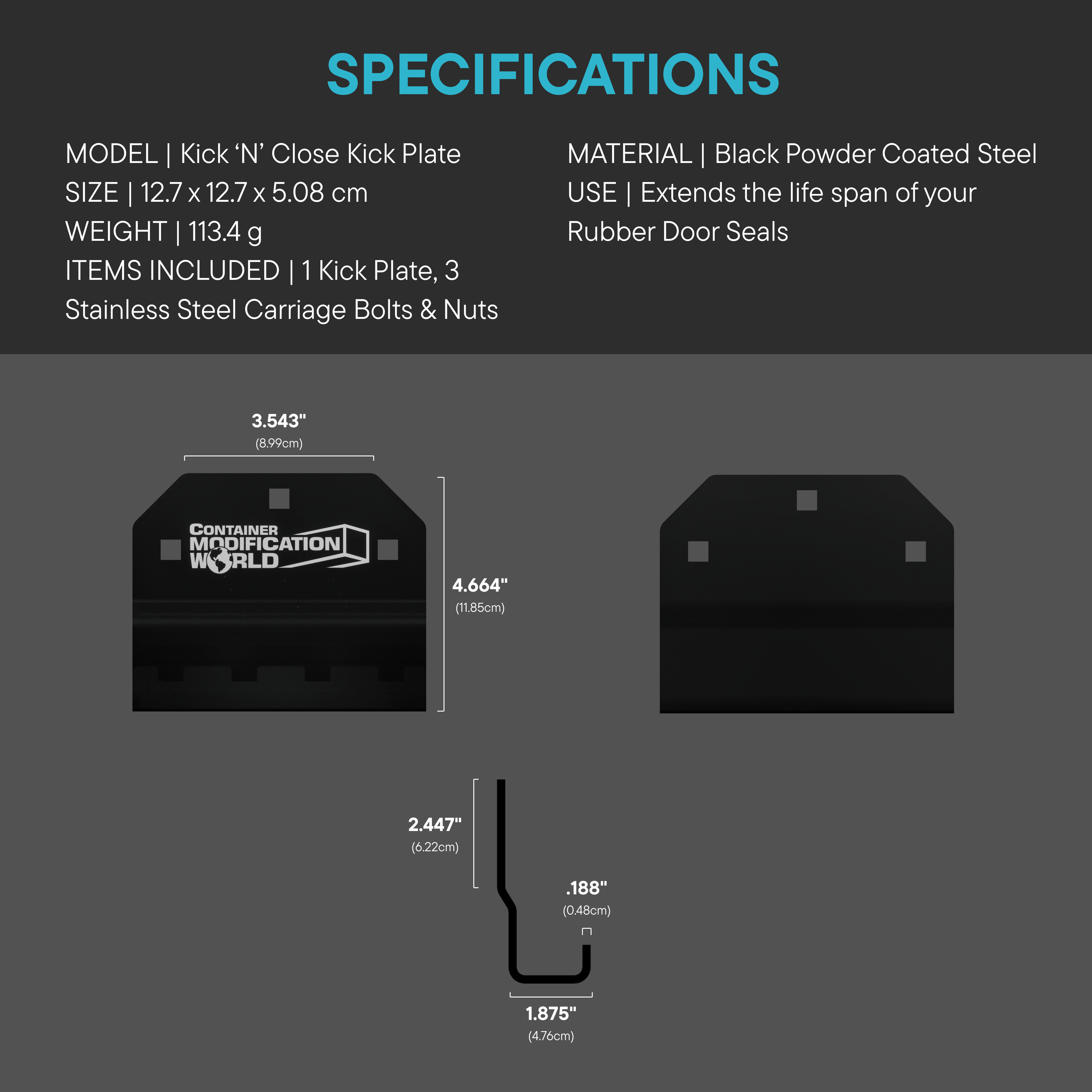 Product specifications for a 'Kick N' Close Kick Plate' with dimensions and material details.