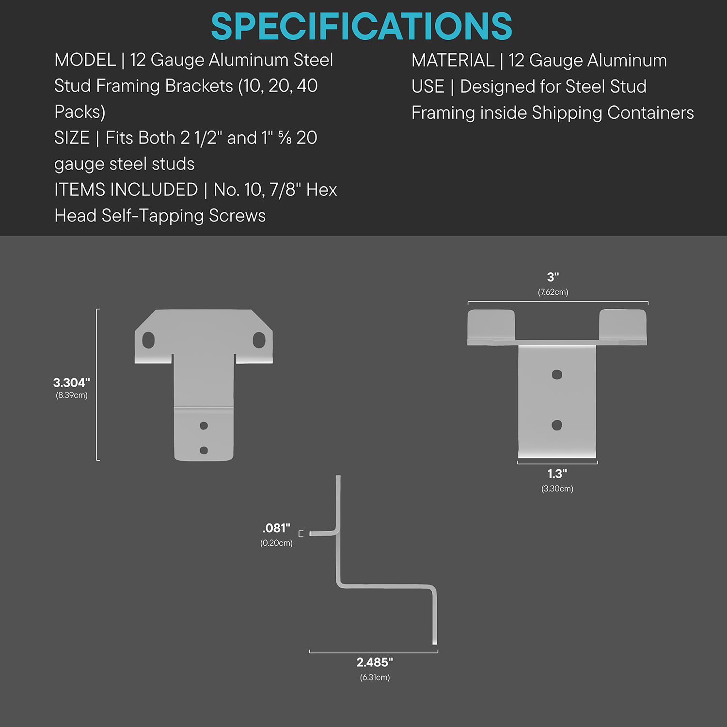 Steel Stud Framing Kit (12 Gauge Aluminum Brackets)  - 2 Corner Casting Covers + Steel Stud Brackets + Hardware