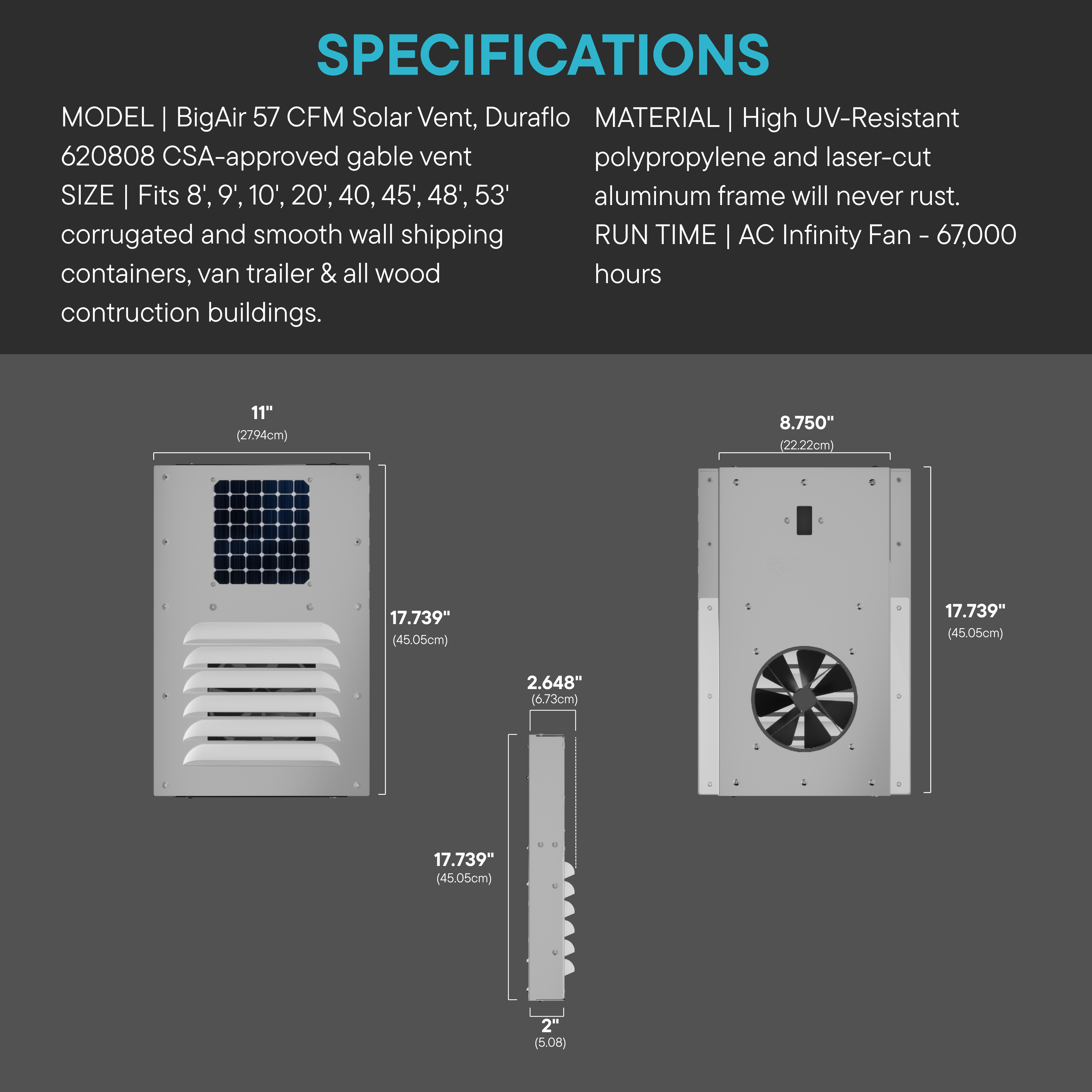 Diagram showing dimensions and components of the BigAir solar vent kit designed for use on container walls, doors, and end walls