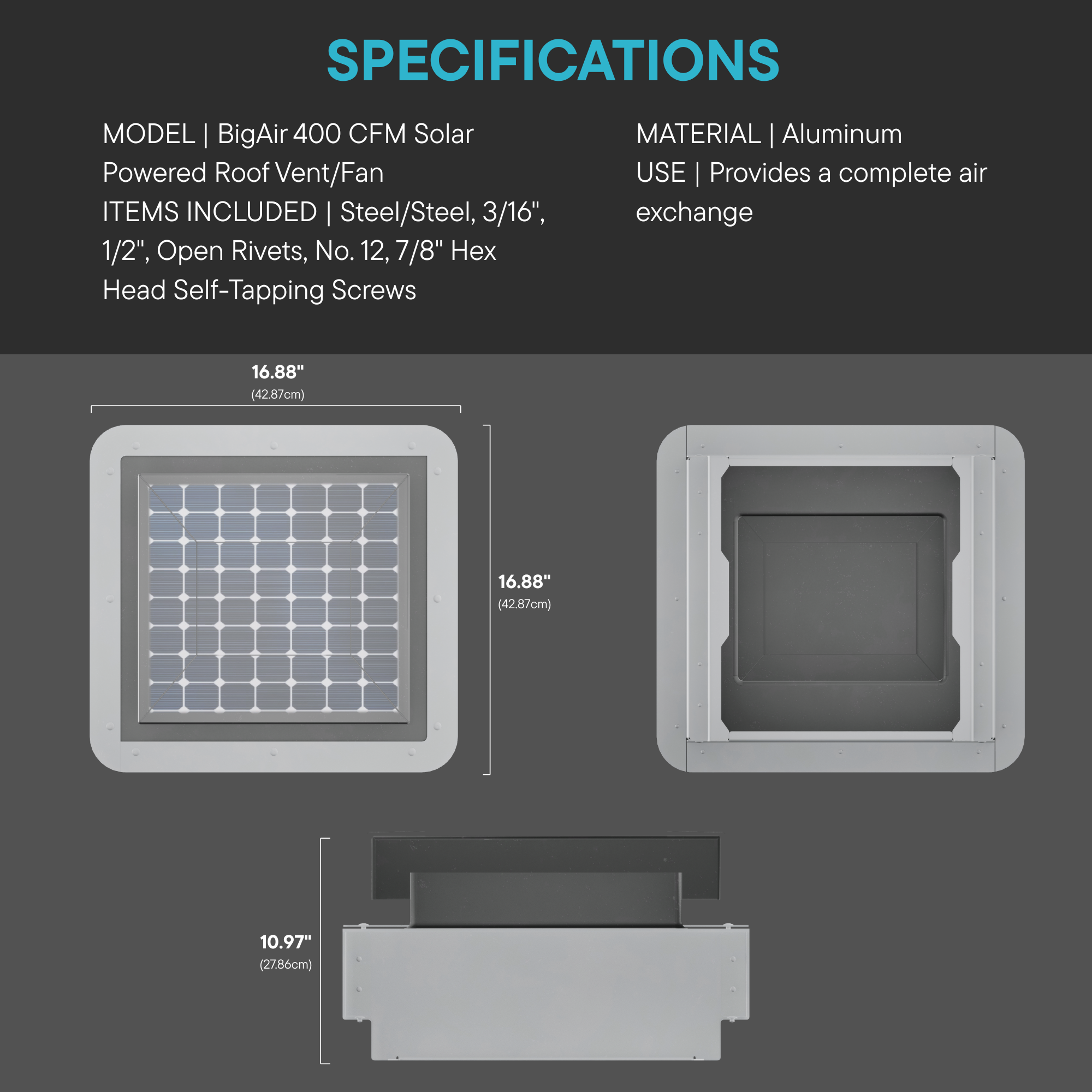 BigAir™ 400 CFM Solar Powered Roof Vent/Fan