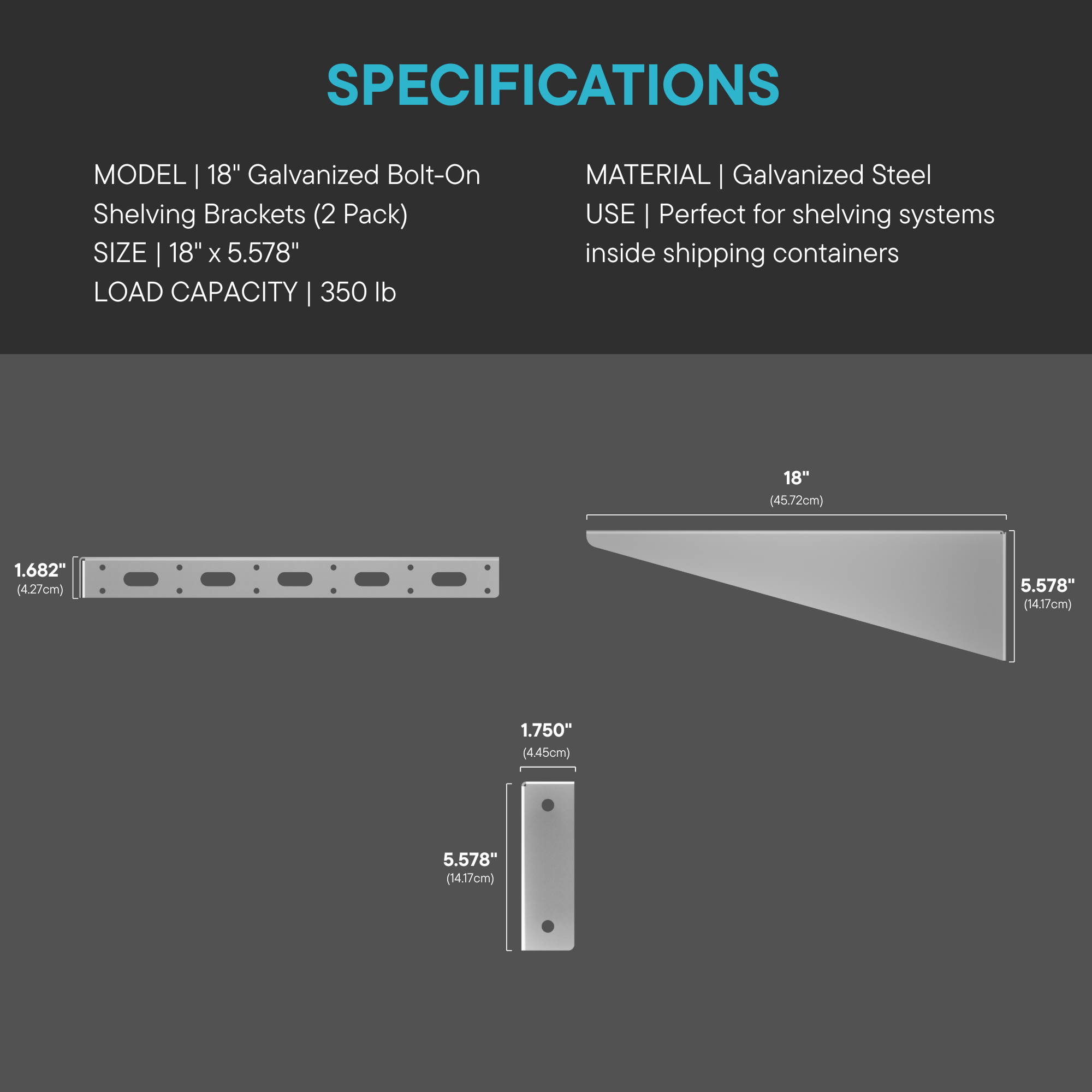 18″ Galvanized Bolt-On Shelving Brackets (2 Pack)