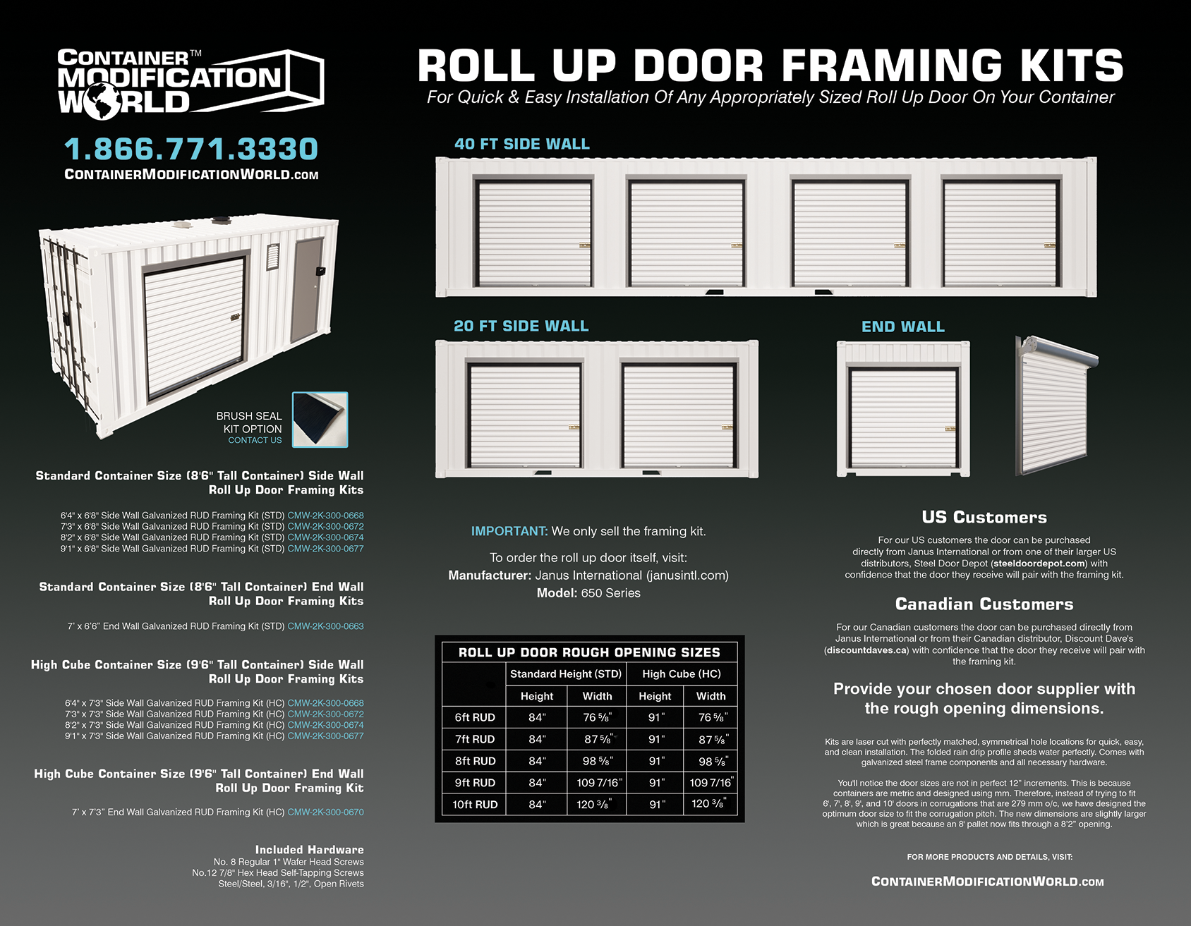 Marketing flyer showing various roll-up door framing kits for standard and high cube shipping containers. Includes product options for 20 ft, 40 ft sidewalls and end walls, model compatibility (Janus 650 Series), rough opening sizes, brush seal option, and ordering details for US and Canadian customers. Features illustrations of installed kits and door configuration variations.