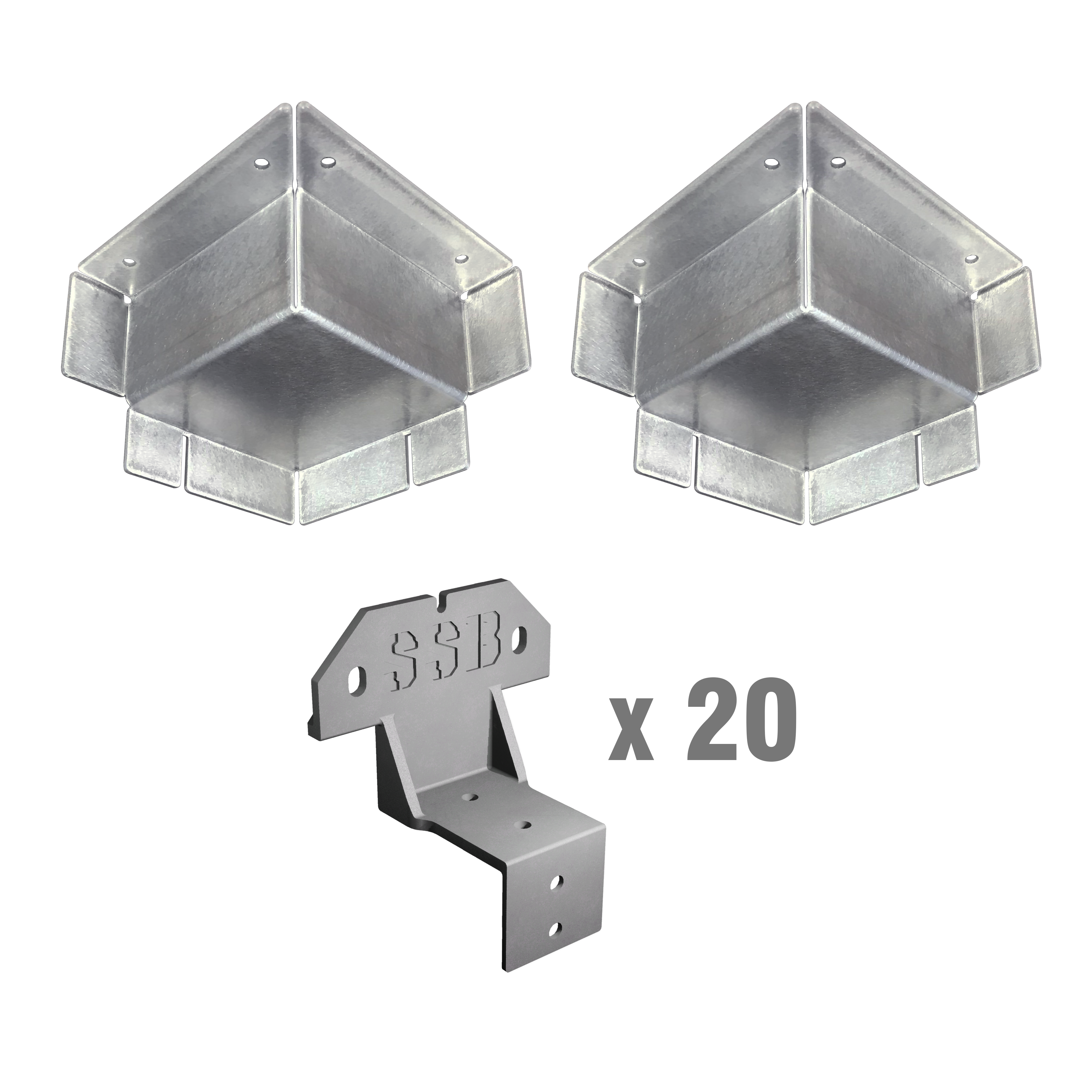 Image displaying composite steel stud brackets and corner casting covers with “x20” label, indicating quantity included in the kit for shipping container interior framing.