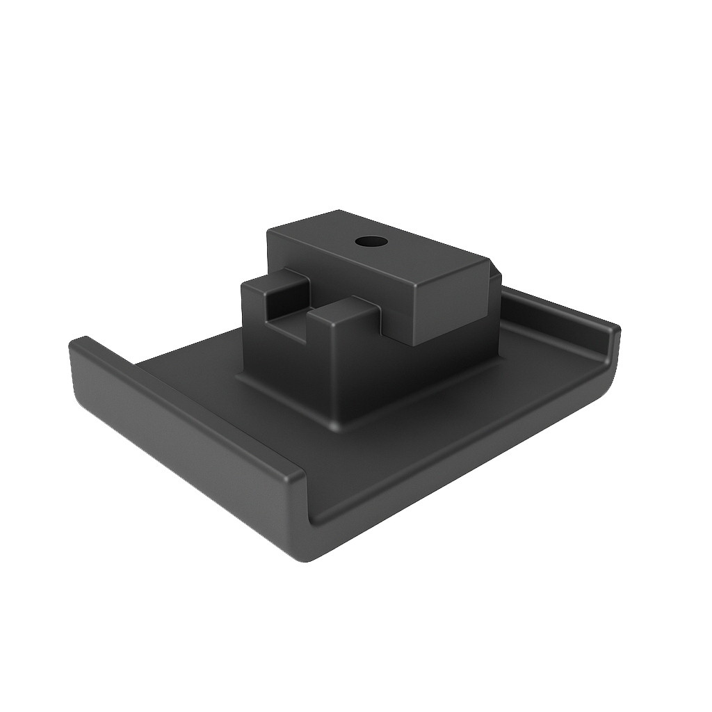 A black metal device designed to be placed under a shipping container to prevent damage to surfaces.