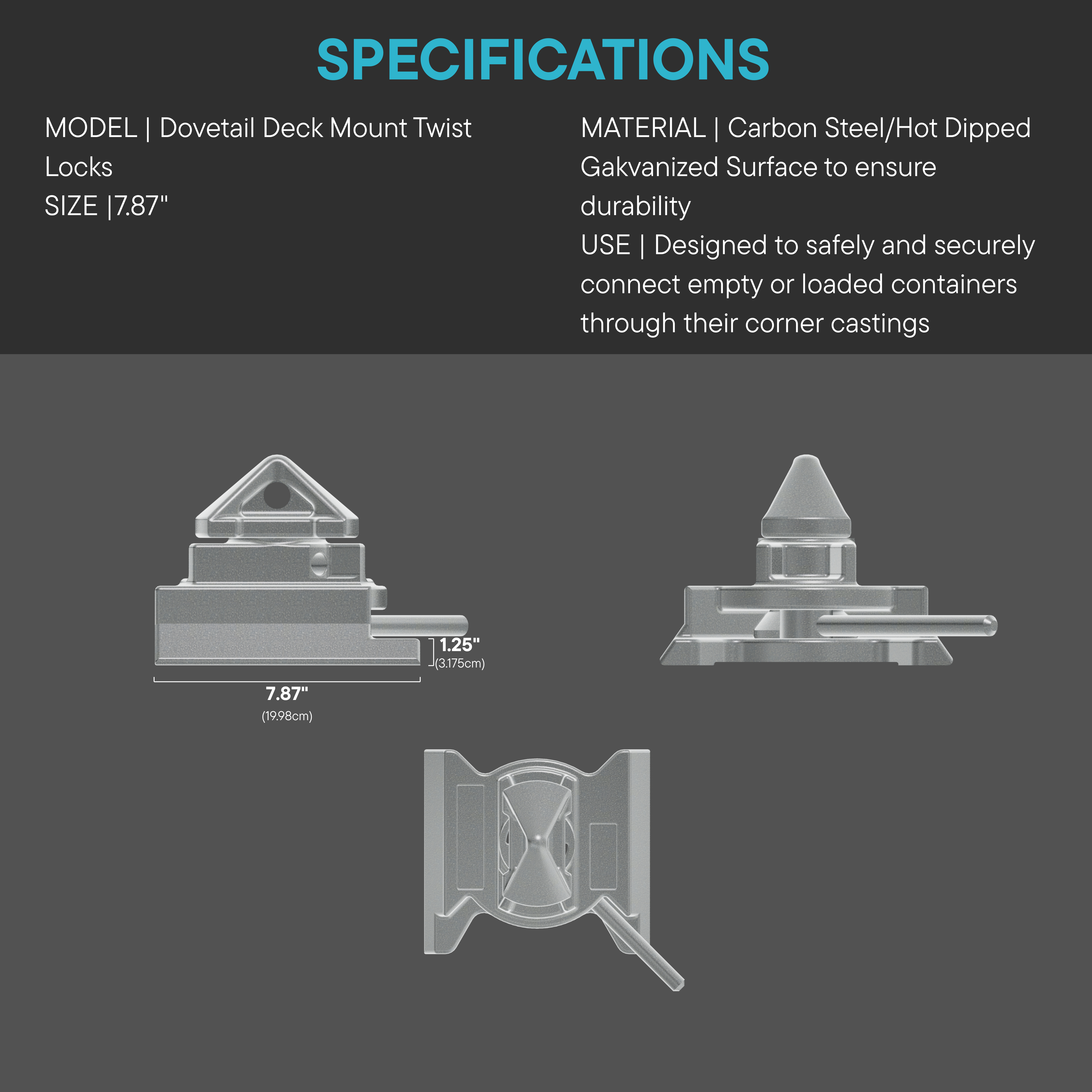 Technical specifications and multi-angle views of the Dovetail Deck Mount Twist Lock, made of hot-dipped galvanized carbon steel. Dimensions: 7.87 inches wide by 1.25 inches high. Designed for secure container connection through corner castings