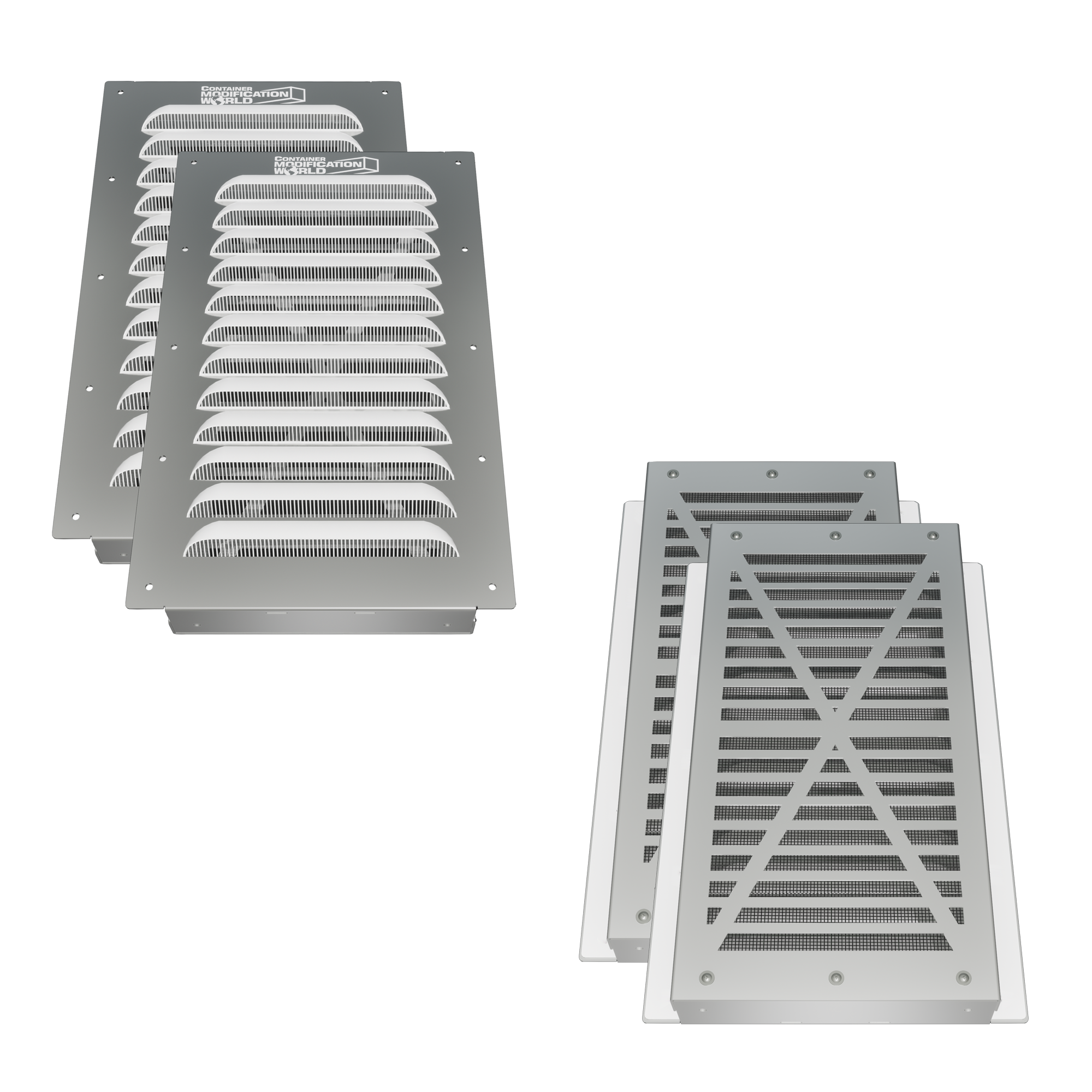 Two gray louvered gable vents for shipping containers front and back view