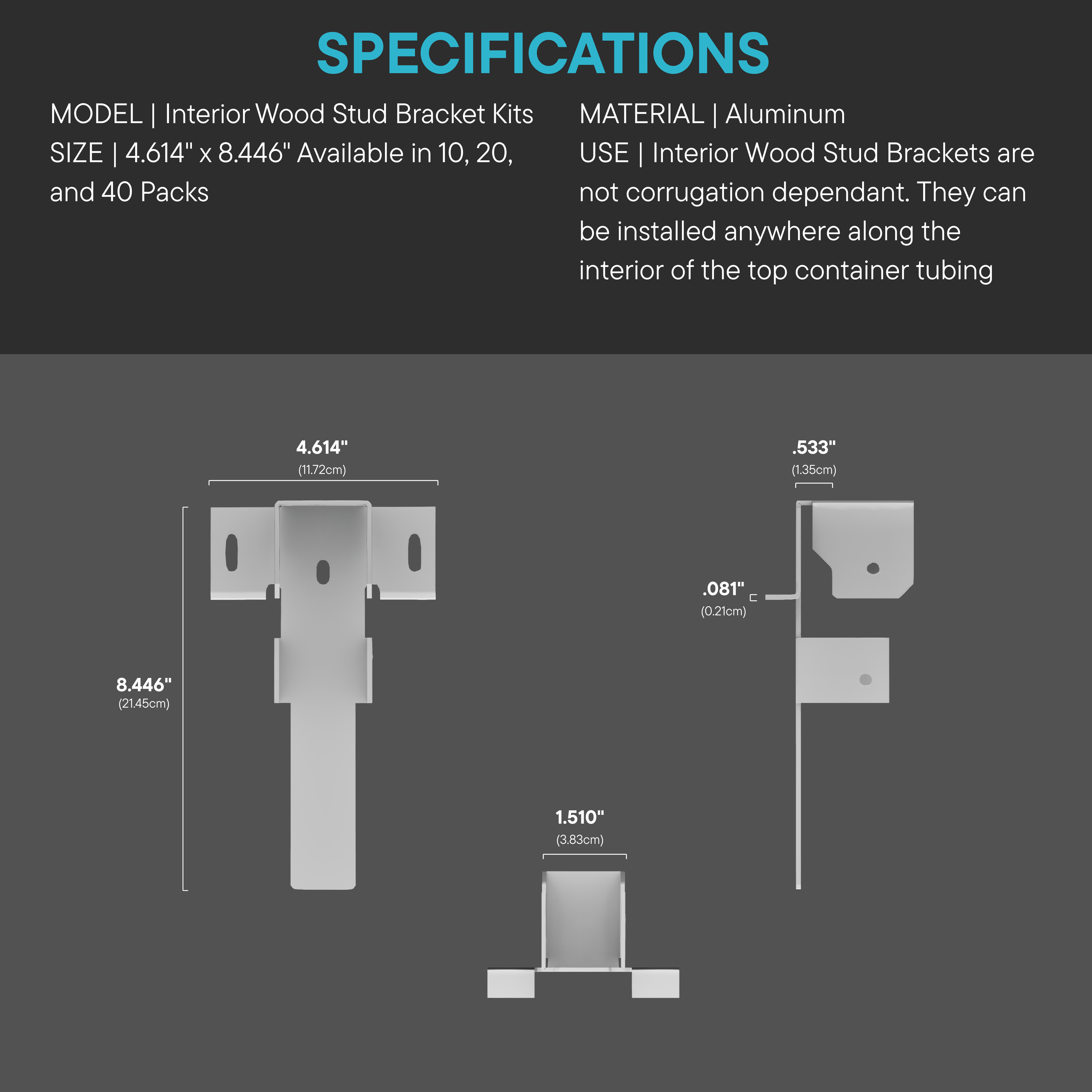 Interior Wood Stud Bracket Kit specifications showing dimensions, material, and usage for installation on shipping container interiors
