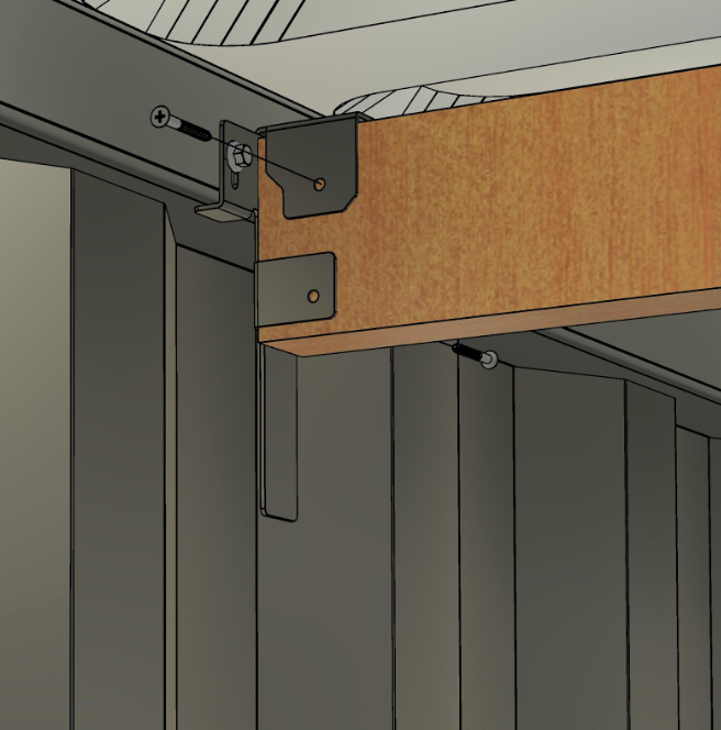 Interior wood stud bracket installed on shipping container ceiling and wall tubing with wood framing support