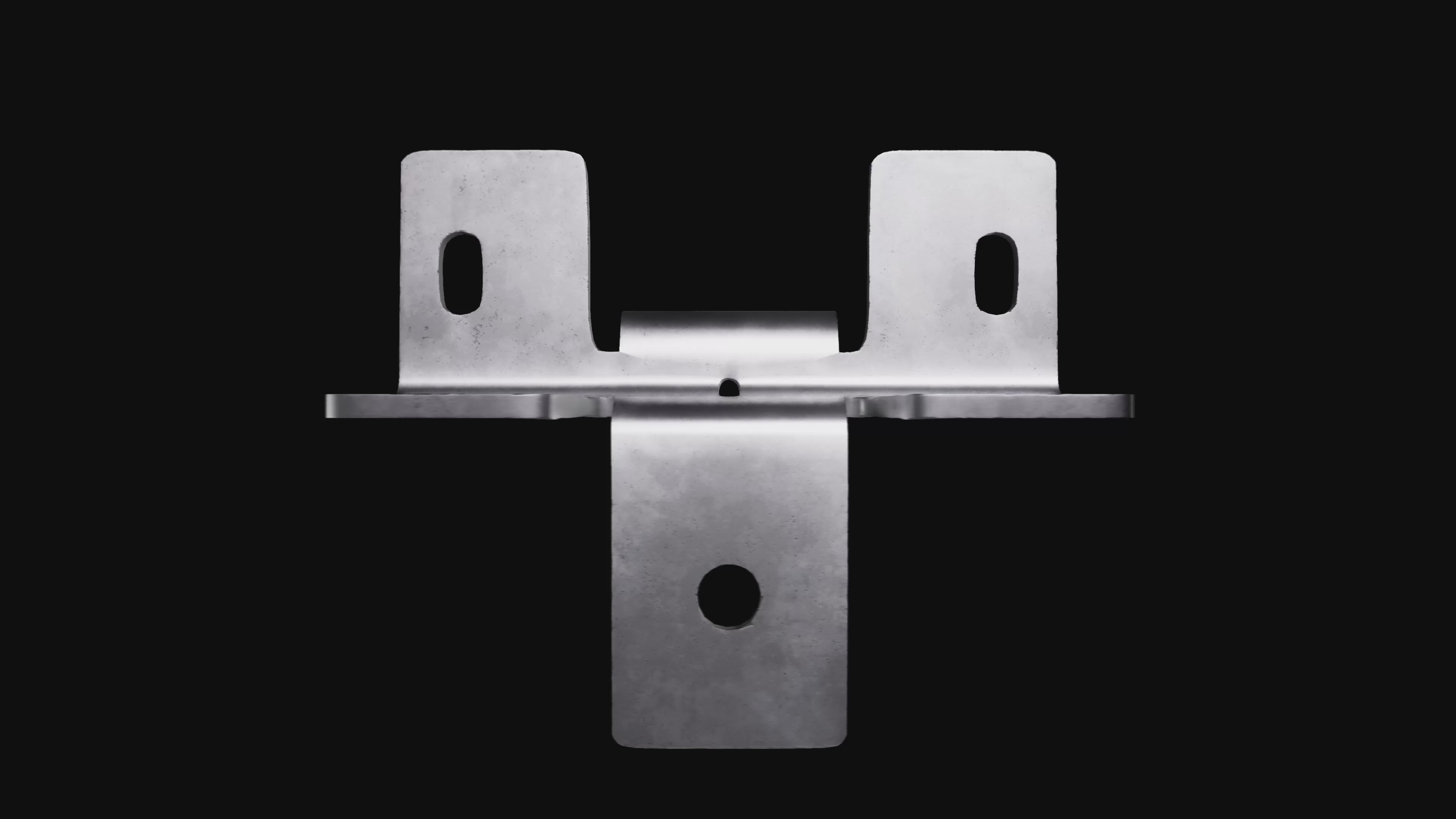 360-degree rotating animation of a two-way steel connector bracket with dual perpendicular flanges, each featuring slotted and circular holes, designed for intersecting structural profiles or corner joint reinforcement.