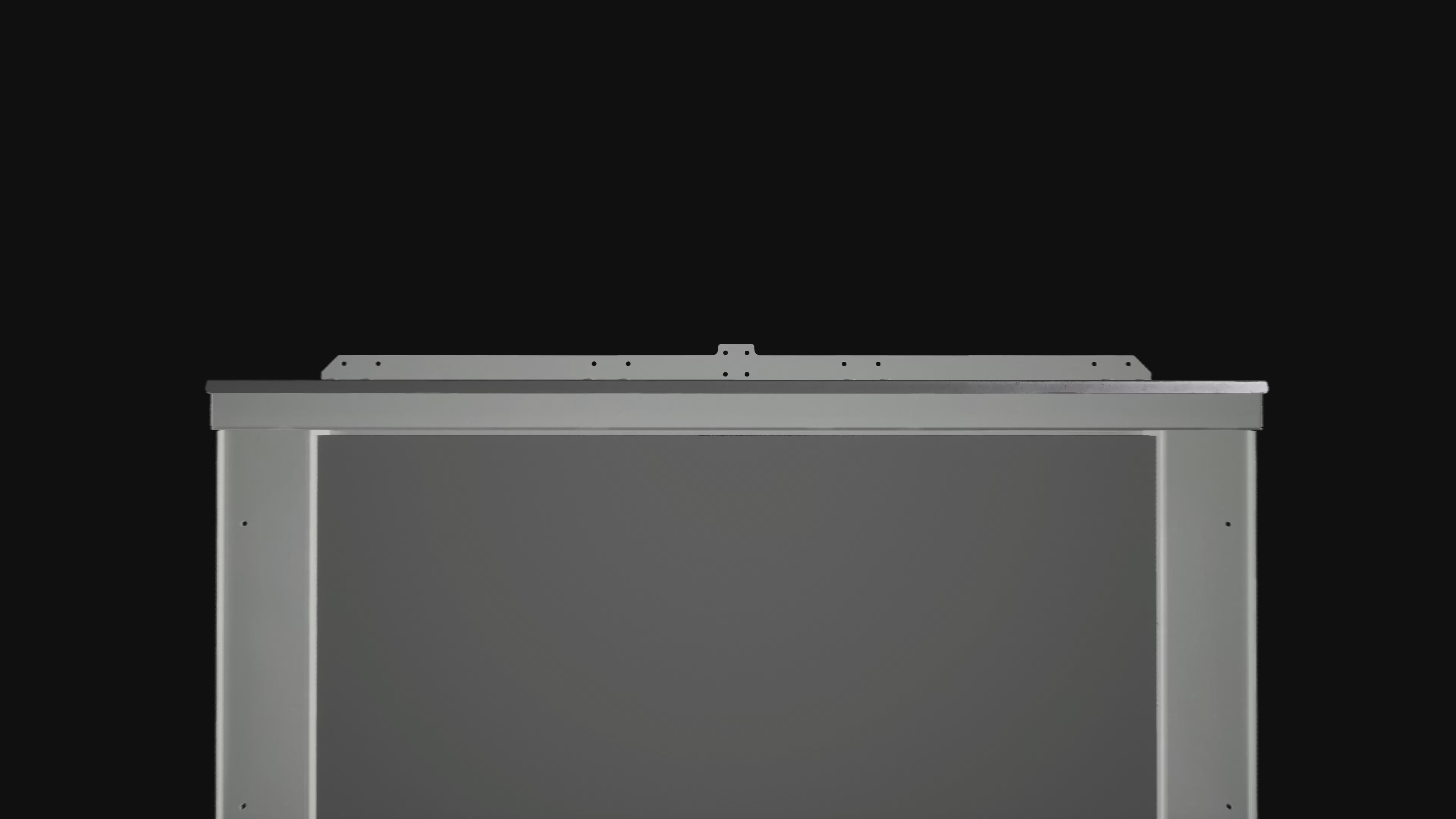 360-degree rotating close-up animation of the top section of the galvanized steel door frame, highlighting the contoured design for shipping container corrugations and precision-engineered corners.