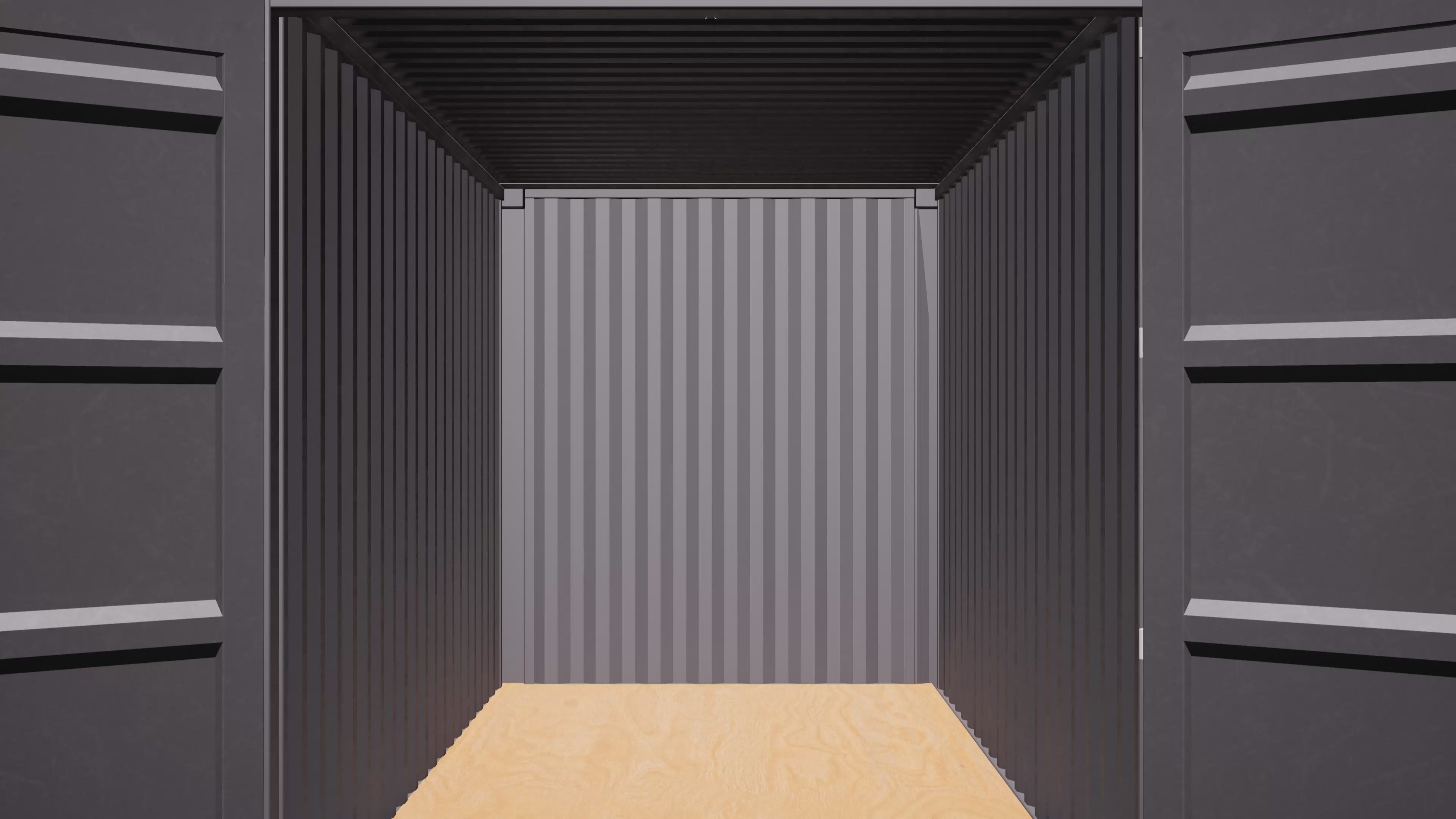 Animated sequence showing step-by-step installation of composite steel stud brackets and corner casting covers inside a shipping container, highlighting thermal break design and framing setup for insulation.