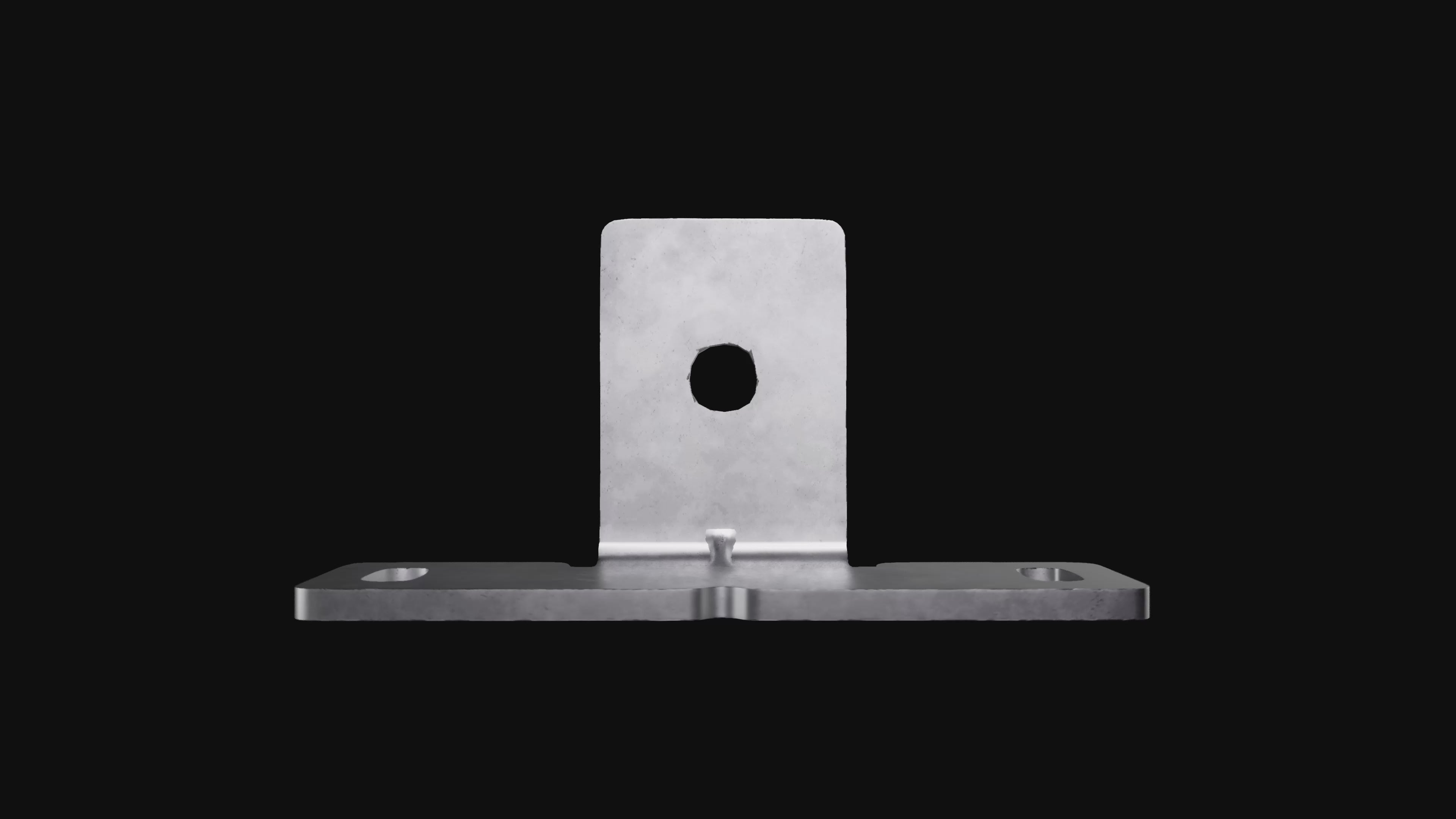 360-degree rotating animation of a one-way steel mounting bracket featuring a vertical flange with two circular holes and a horizontal base with slotted mounting holes, ideal for fixed-direction support in framing applications.
