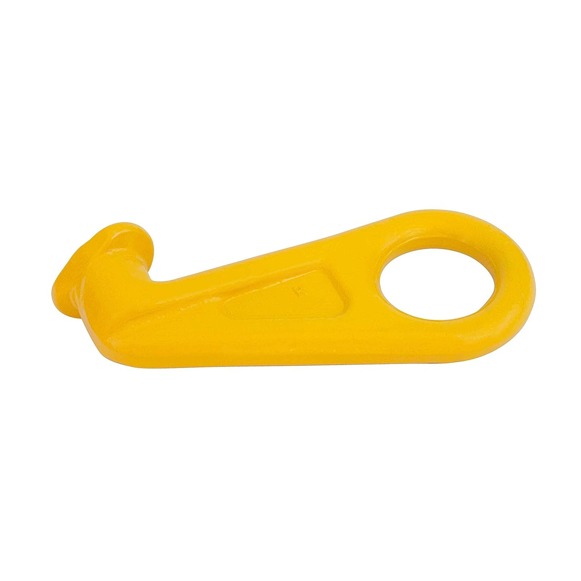 Yellow G80 shipping container lifting hook with right-turn 45° angle, designed for secure attachment to corner castings during crane or rigging operations.