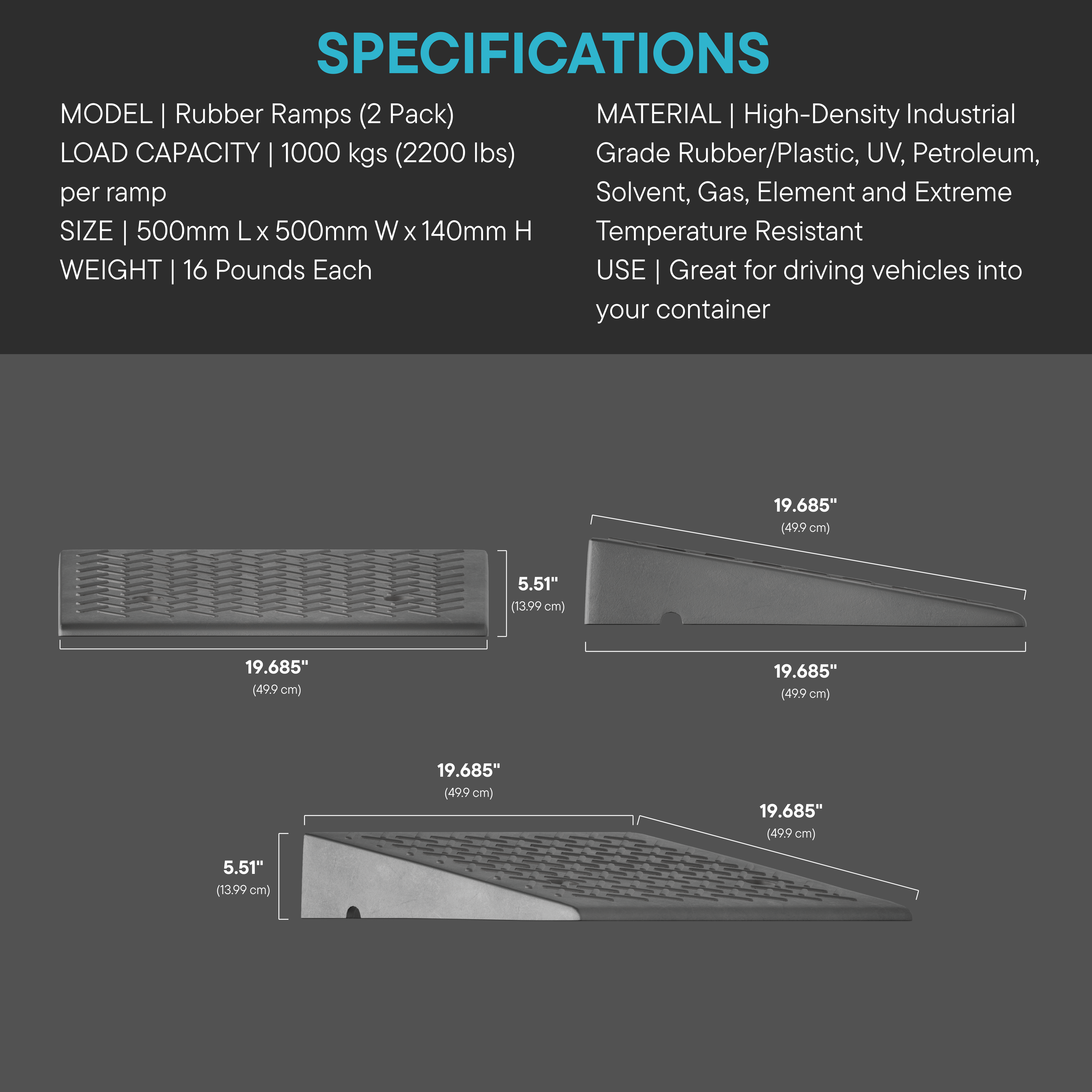 Rubber Container Ramp Specifications – 500mm x 500mm x 140mm, 2200 lb Load Capacity, Industrial Grade Material with Dimensional Diagrams