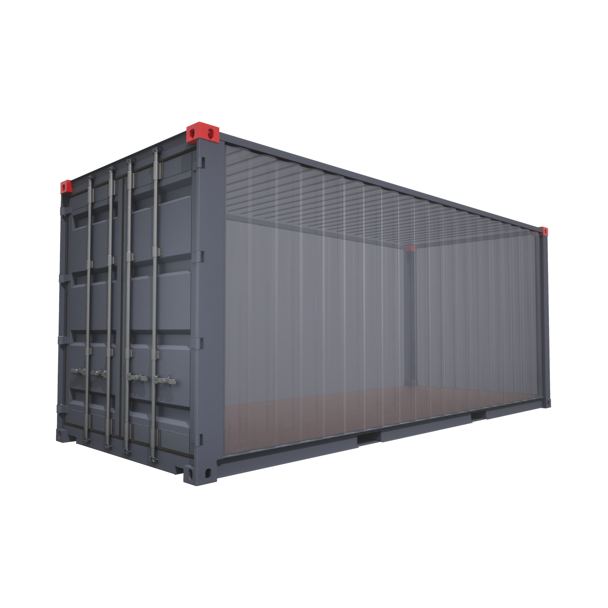 Shipping container with transparent side view highlighting top corner castings in red for structural support and lifting points. Shipping container with transparent side view highlighting top corner castings in red for structural support and lifting points.