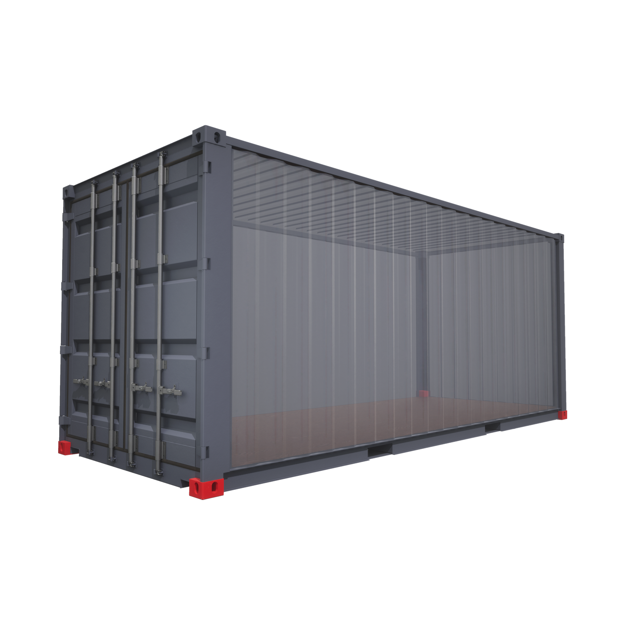 Shipping container with semi-transparent walls showing four red corner castings at the bottom corners, used for securing and lifting according to ISO 1161 standards.