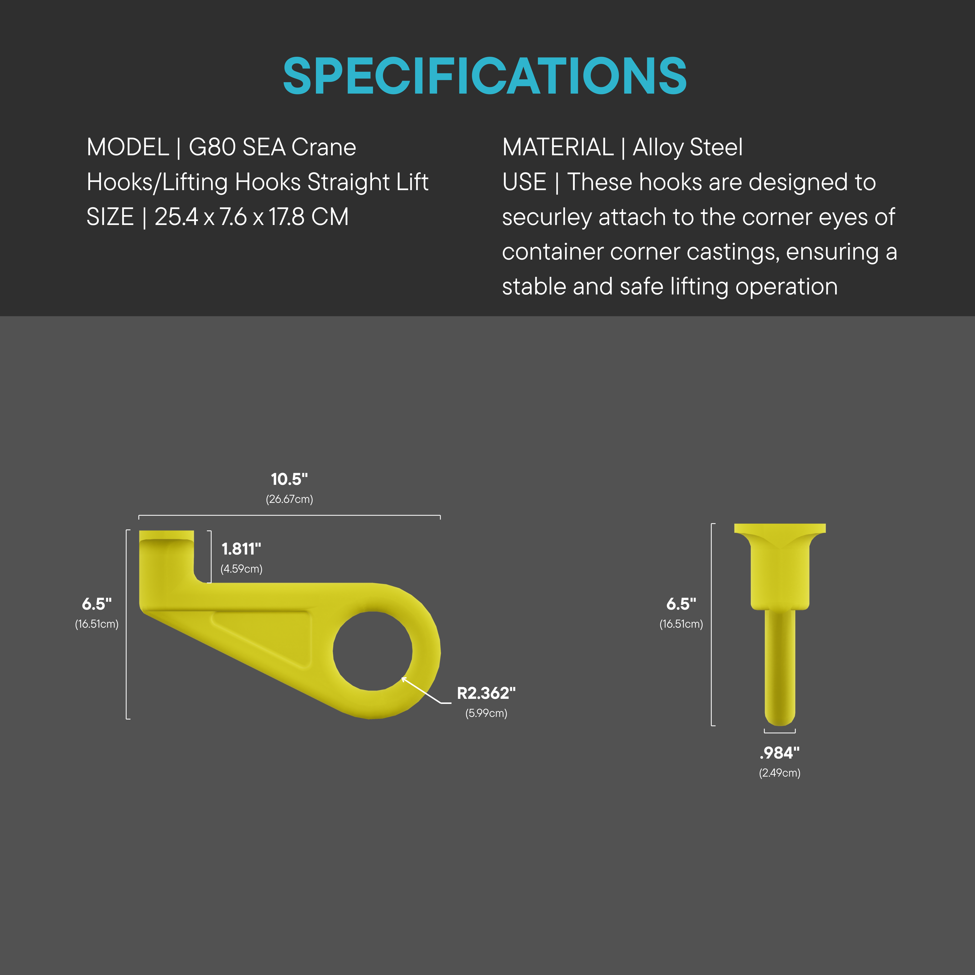Technical diagram of a G80 SEA Crane Hook (Straight Lift) made from alloy steel, showing front and side views with dimensions 25.4 x 7.6 x 17.8 cm and labeled measurements for secure attachment to container corner castings.
