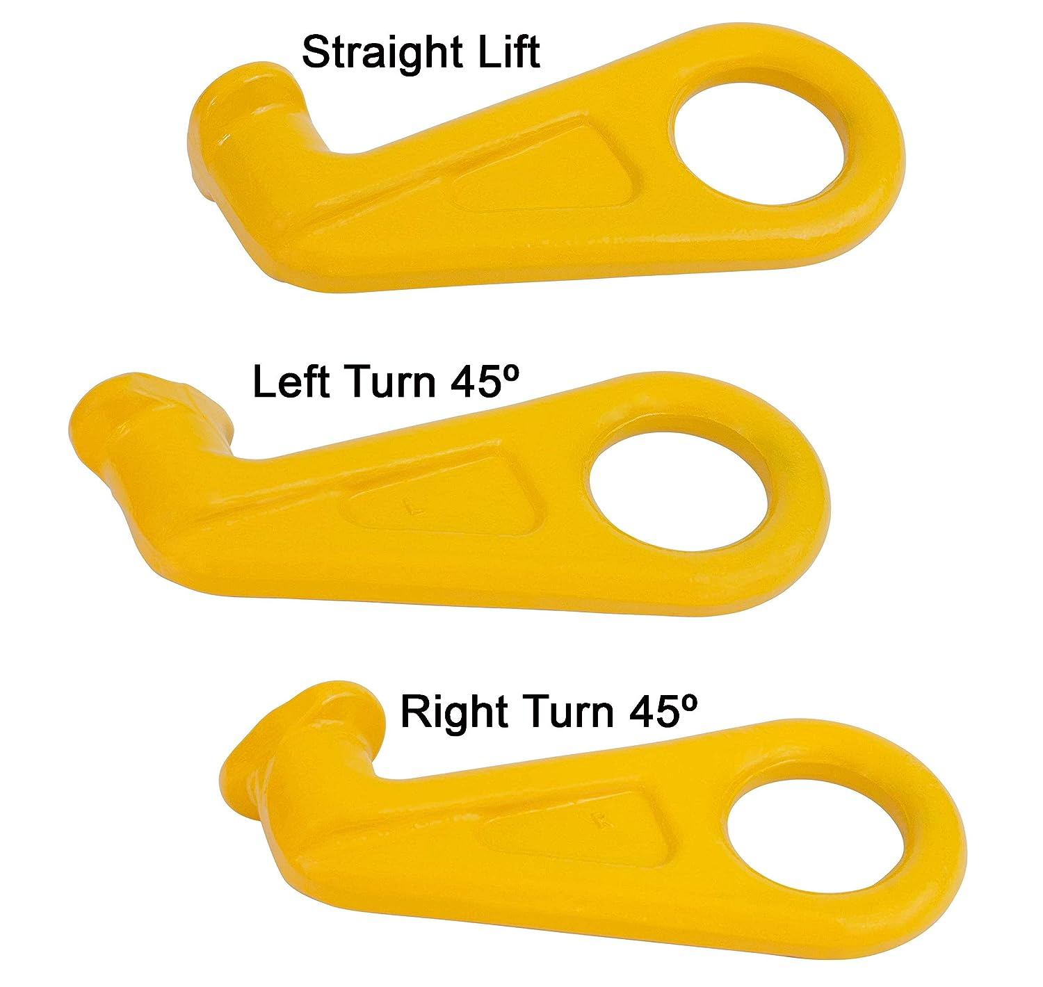 Three yellow Grade 80 shipping container lifting hooks labeled for Straight Lift, Left Turn 45°, and Right Turn 45°, designed for secure attachment to corner castings and rated for a 28,000 lb working load limit.