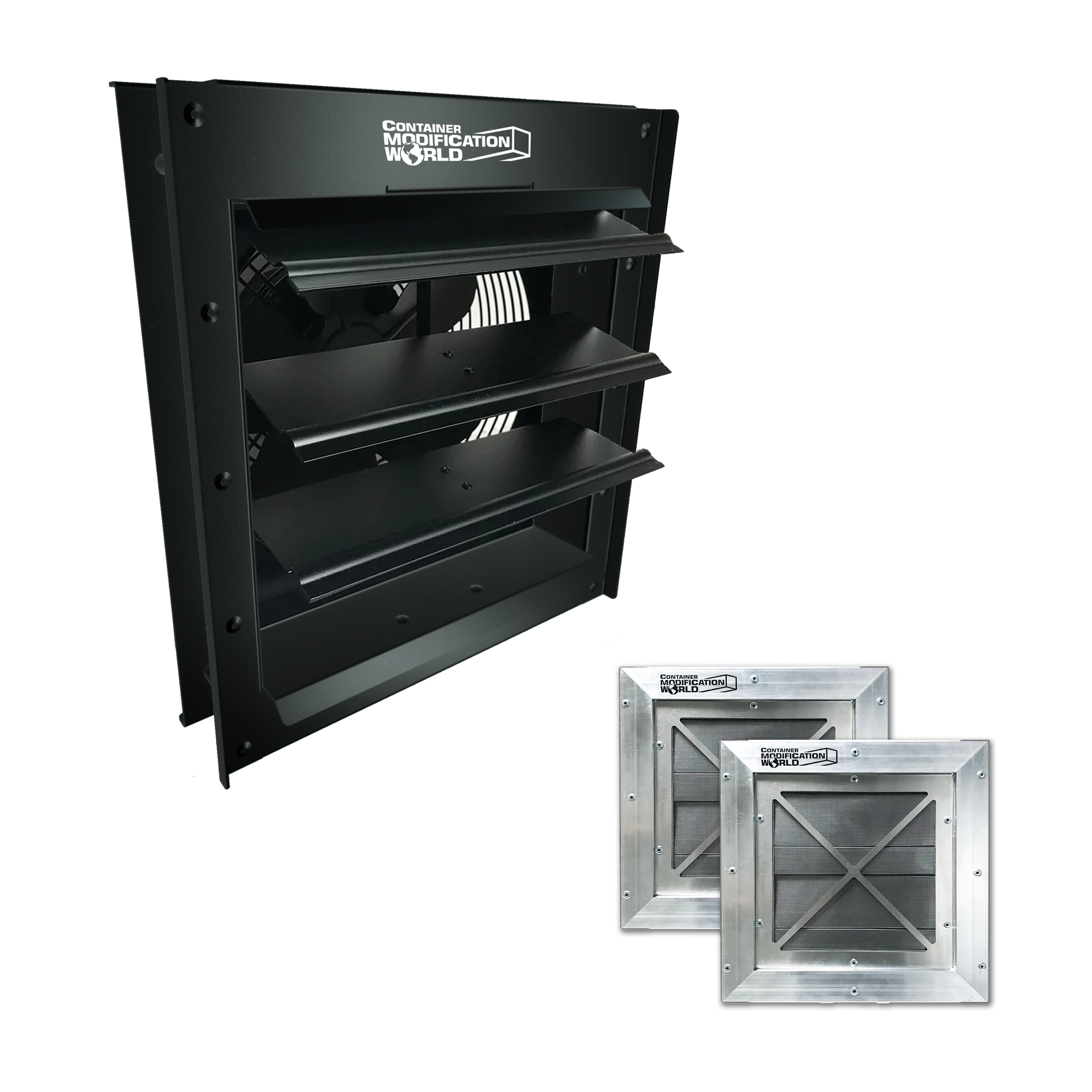 A black exhaust fan with metal frame and shutters, designed for installation in shipping containers.