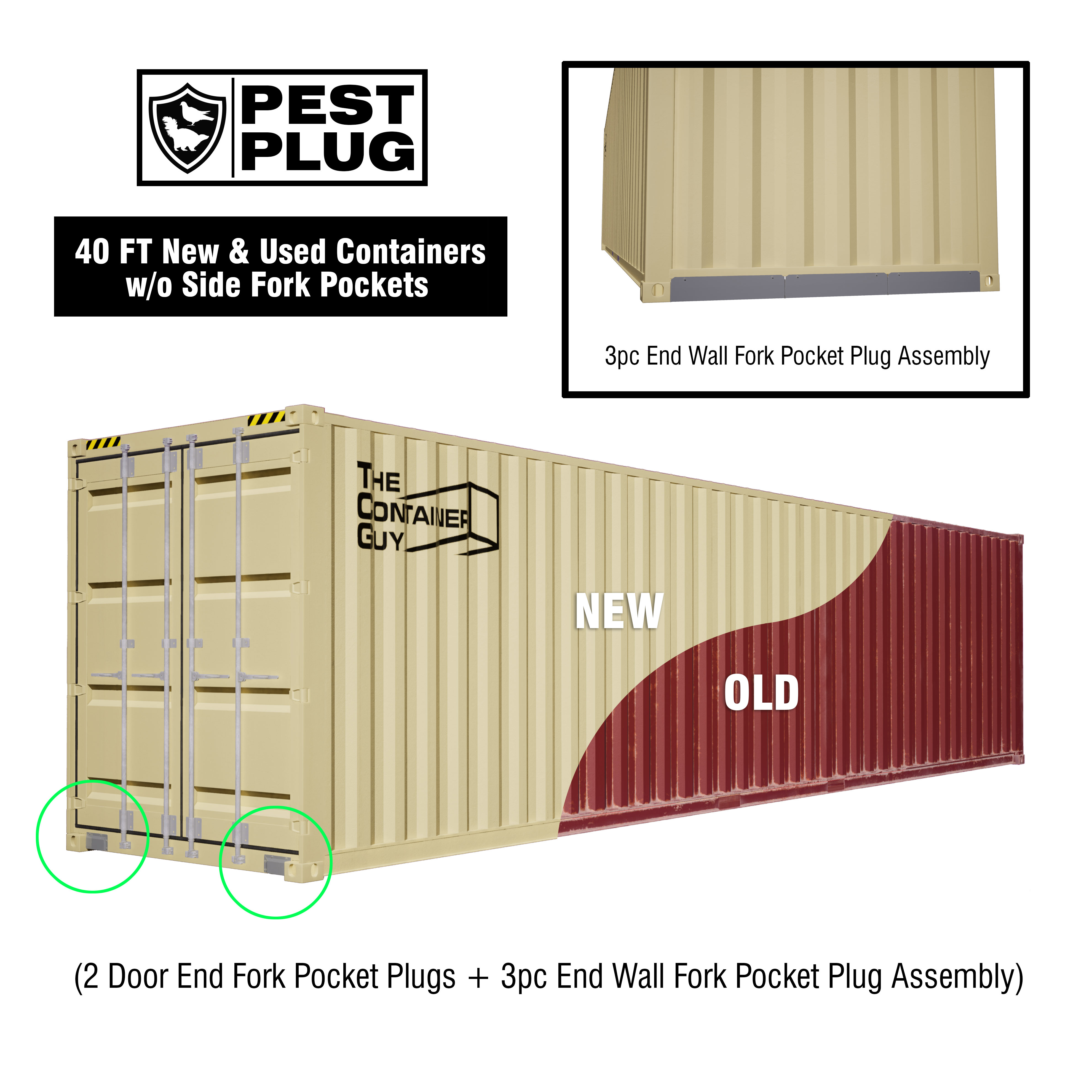 40ft new and used shipping container with Pest Plug system – includes 2 door end fork pocket plugs and 3-piece end wall fork pocket plug assembly for rodent prevention