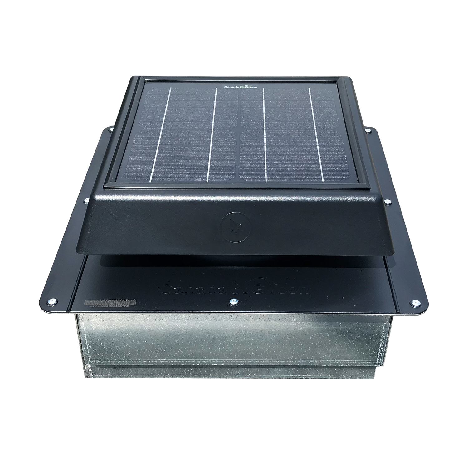 Front view of the Big Air 400 CFM Solar Powered Exhaust Vent with integrated solar panel and metal flashing, designed for ventilating shipping containers and rooftops with durable, weather-resistant construction.
