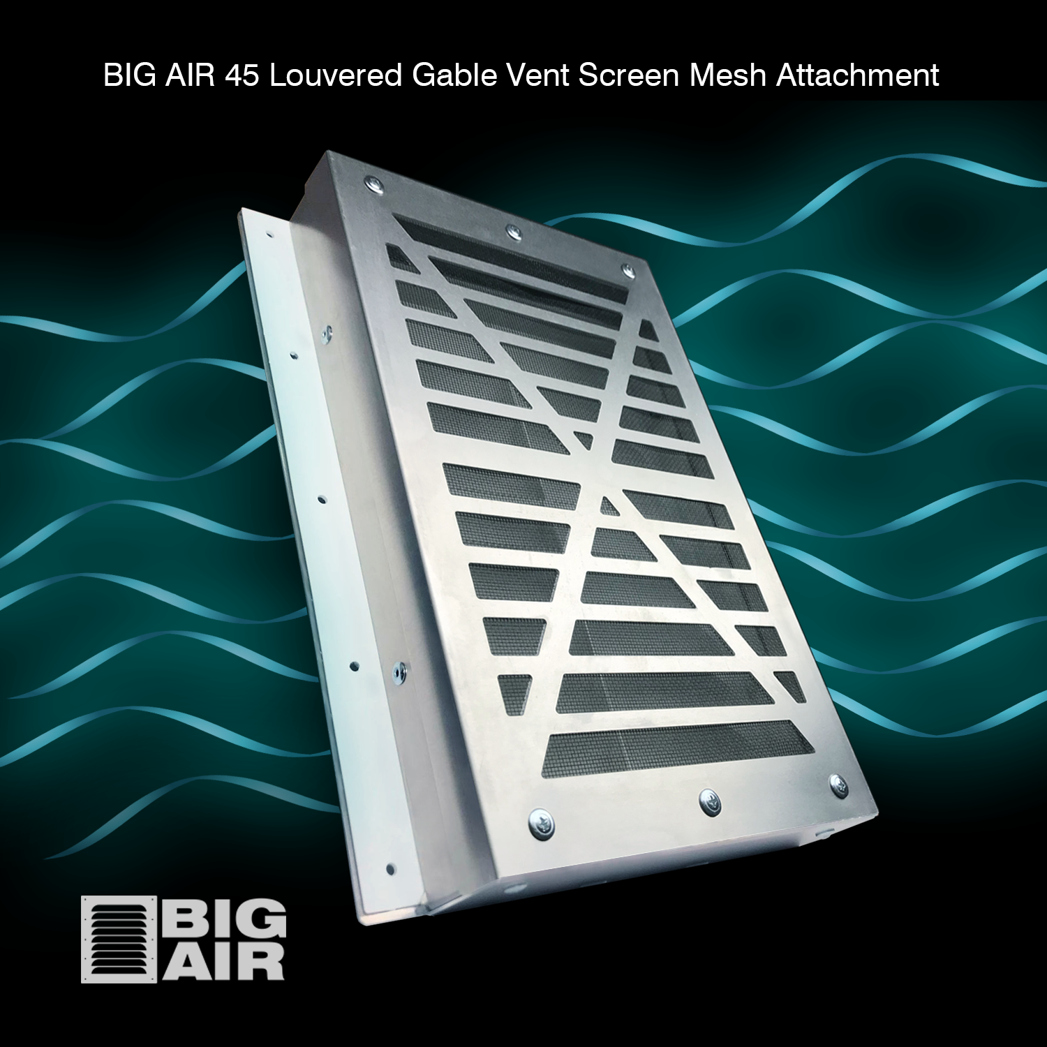BIG AIR 45 Louvered Gable Vent with attached screen mesh, displayed against a stylized airflow background with the Big Air logo and product name above