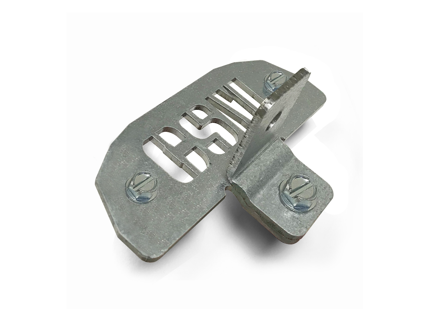 Galvanized Container Strut Mount (CSM) bracket with laser-cut logo, designed for mounting strut channels inside shipping containers without welding.