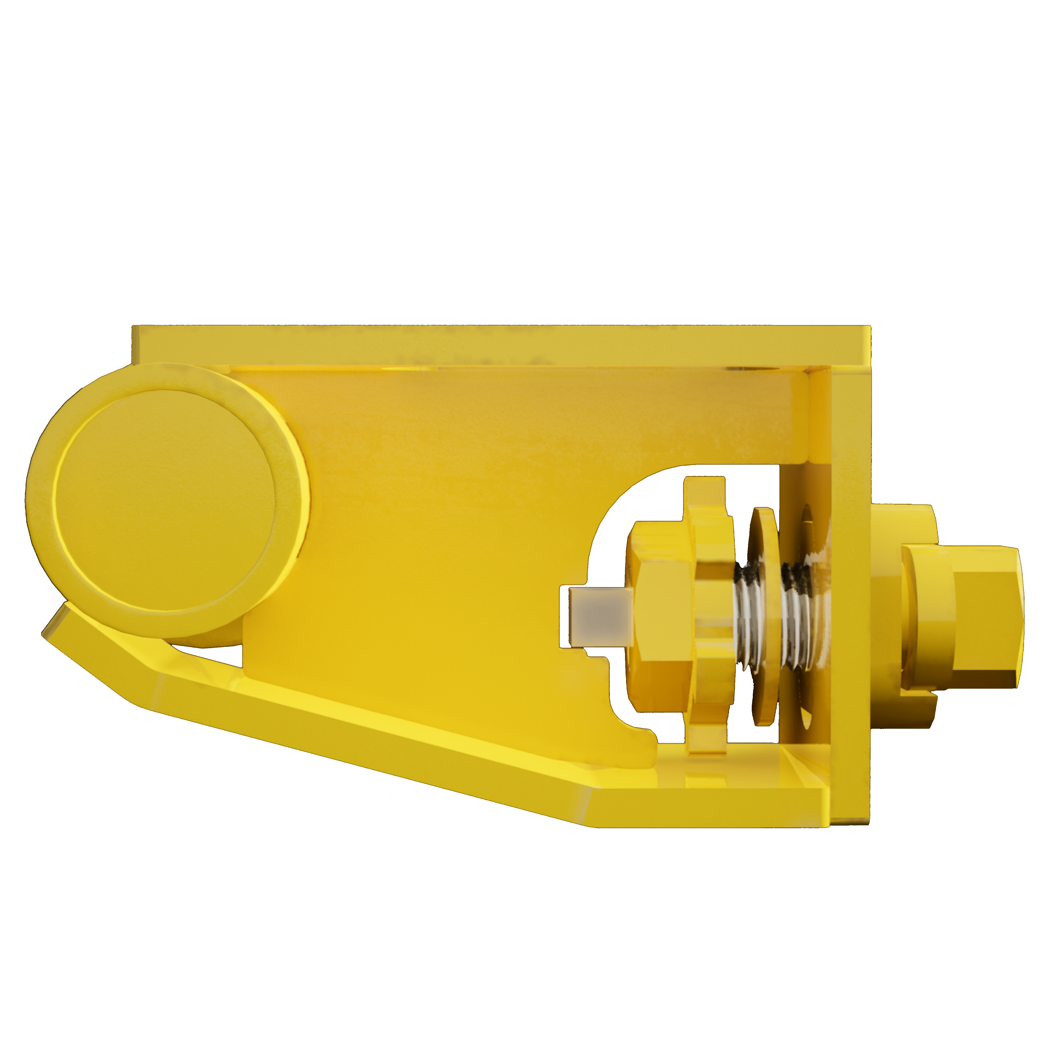 Top-down angled view of a yellow Quick Attach Skid bracket for heavy-duty container rigging, showing reinforced side plate, welded structure, and high-strength bolt and washer assembly.
