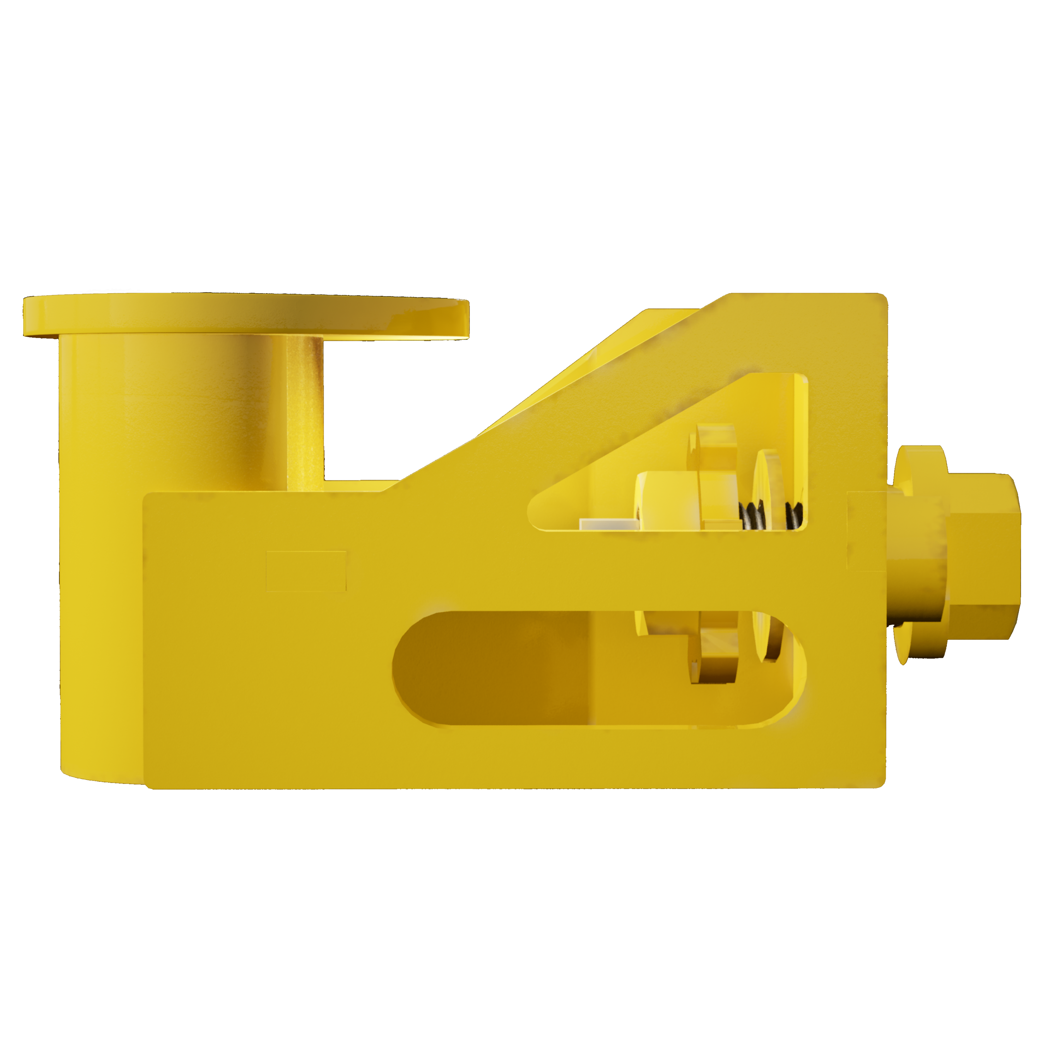 Side view of a yellow powder-coated Quick Attach Skid rigging bracket, showing cutout reinforcement design, large bolt connection, and flat base for secure trailer or container attachment.