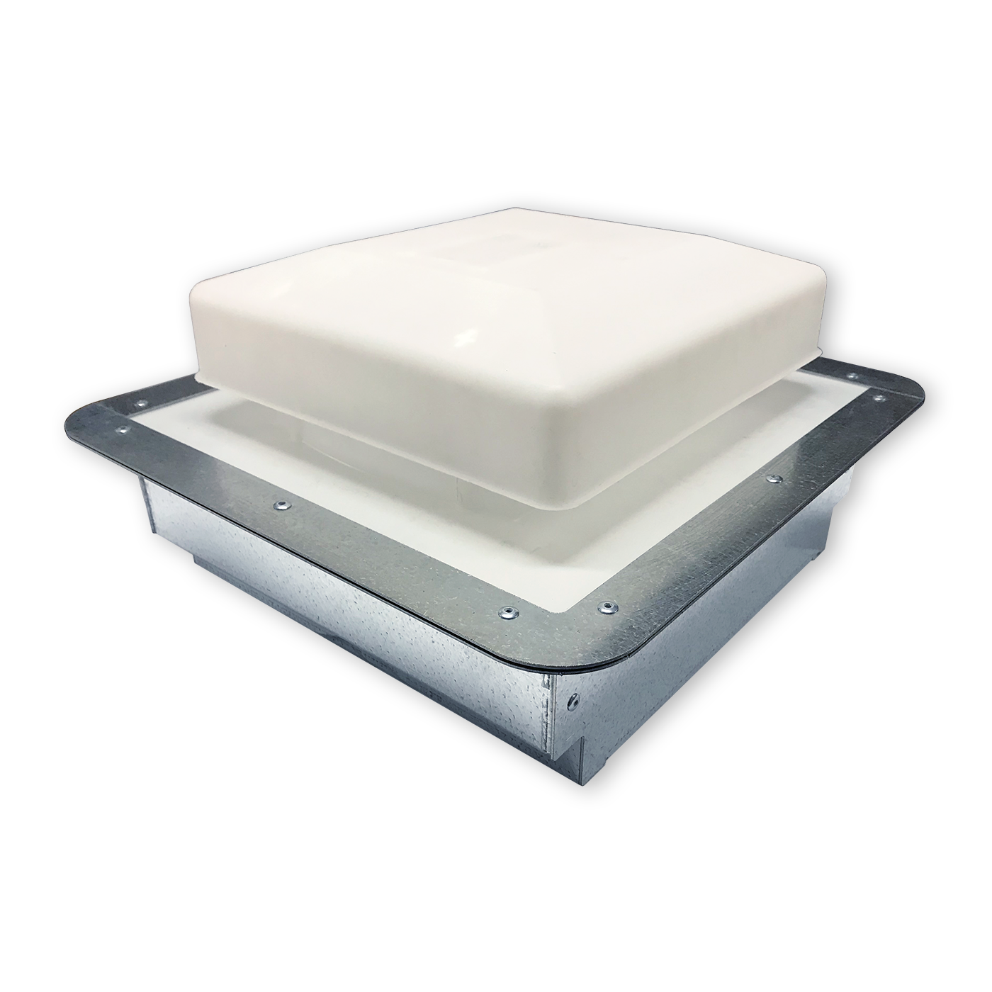 A white square-shaped BigAir Sky Light Vent installed on a metal-framed base, designed for use on shipping container rooftops.