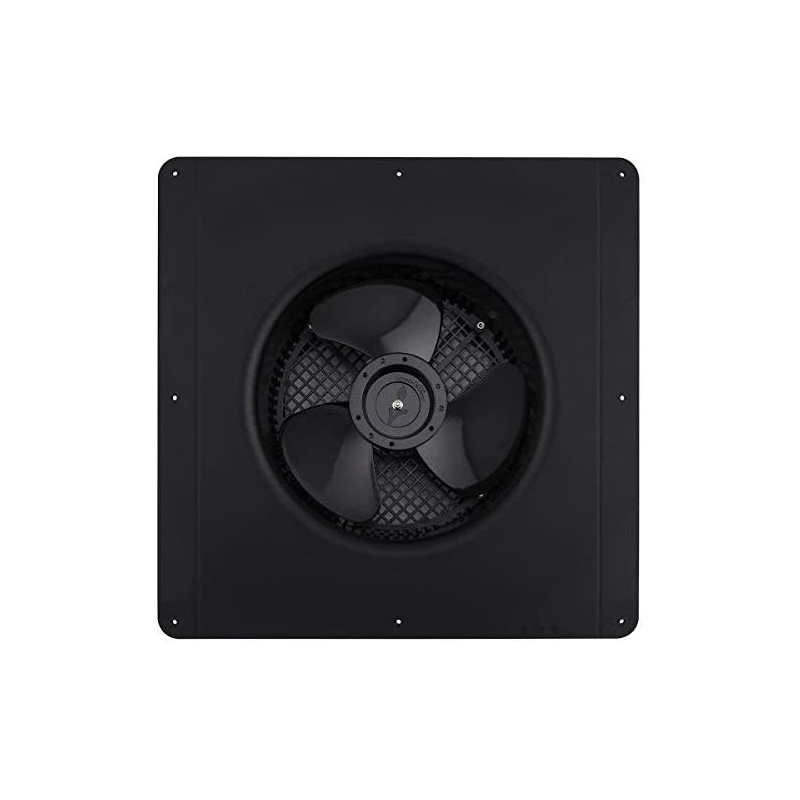 Underside of black exhaust fan unit with three-blade design and protective mesh grille, ideal for high-efficiency ventilation in shipping containers, trailers, and rooftop applications.