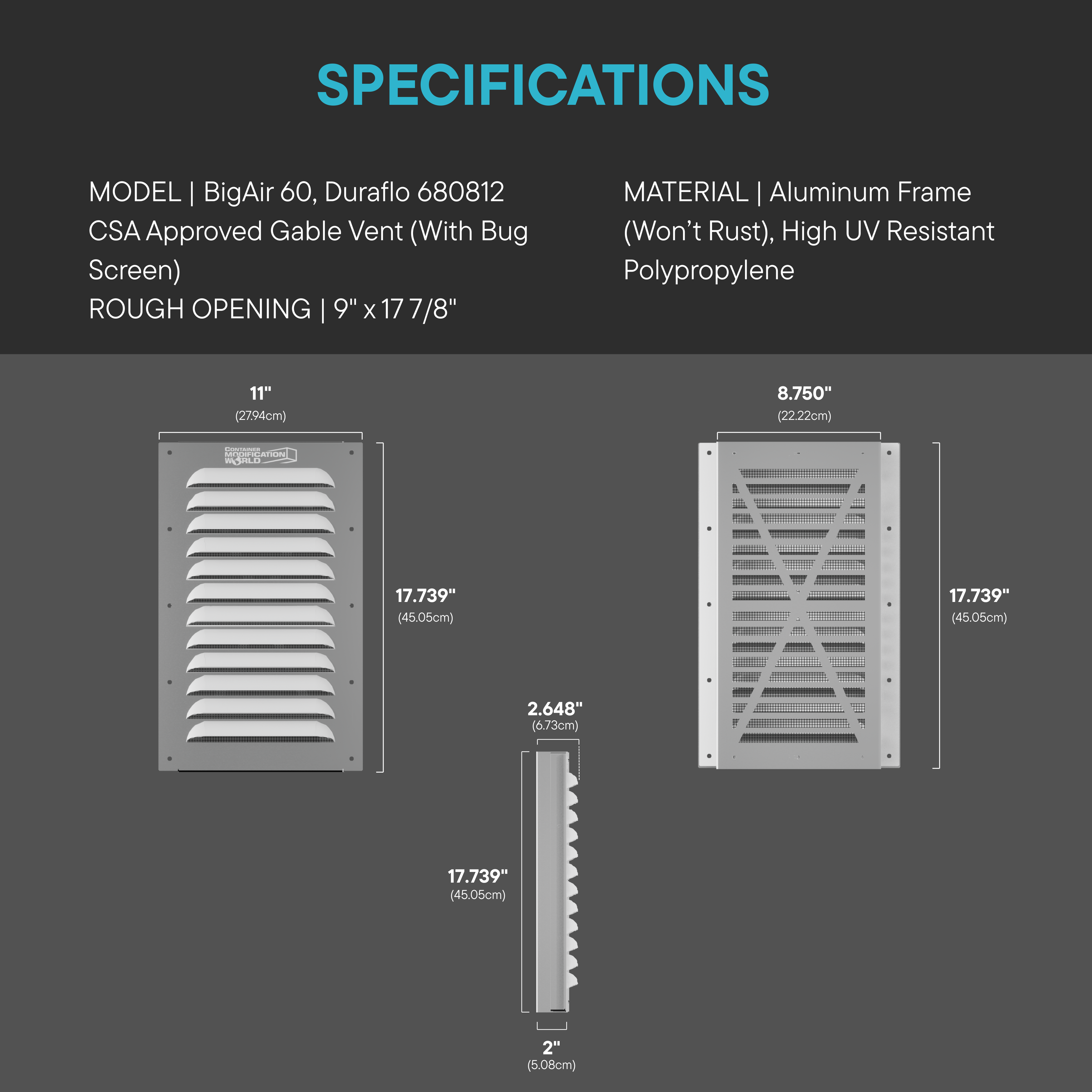 Specifications and dimensions of a BigAir 60 gable vent 