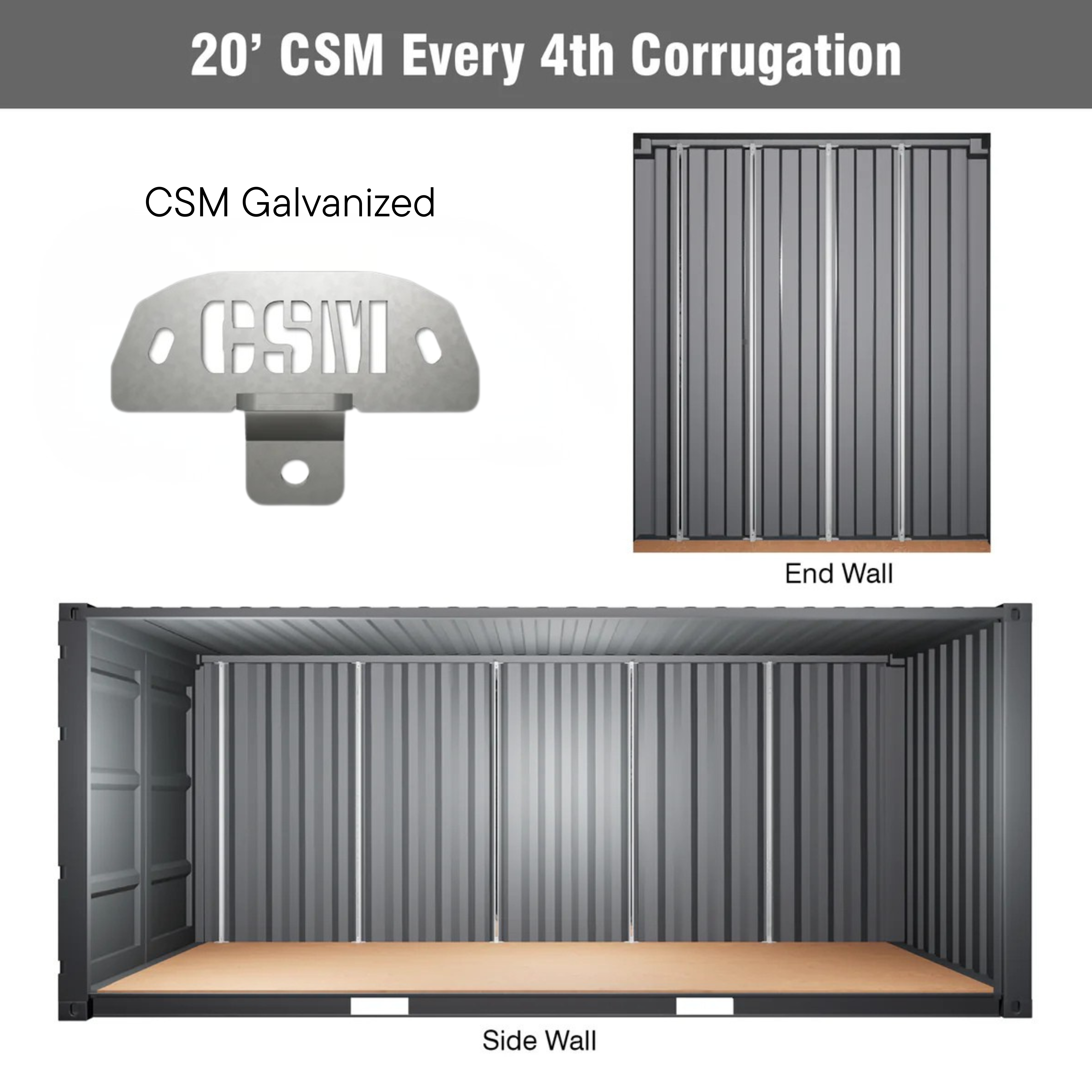 CSM Bracket configuration for 20' shipping containers with installation on every 4th corrugation, featuring black powder coated and galvanized bracket options with end wall and side wall mounting views.