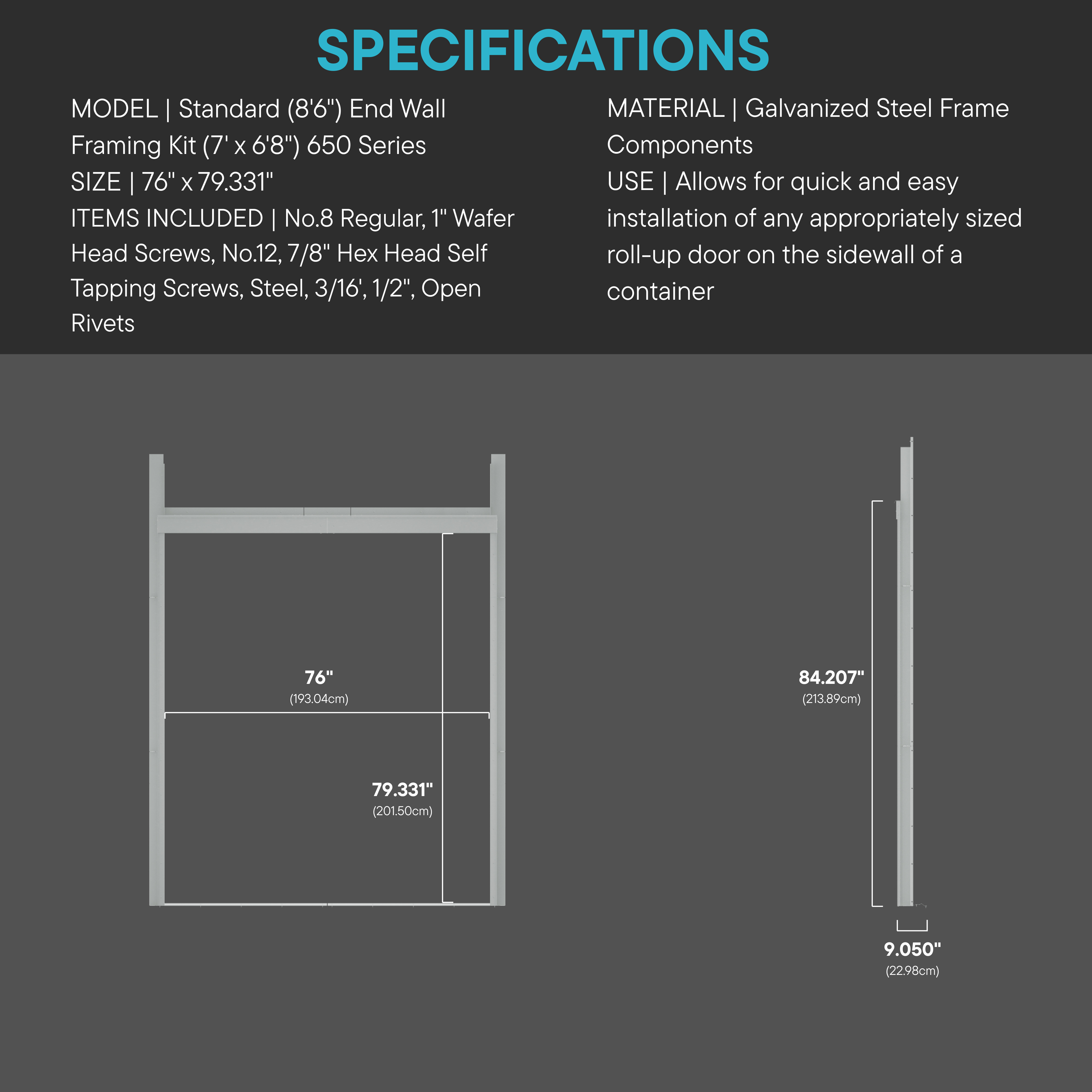 Specifications diagram for standard 7' x 8' end wall roll-up door framing kit with detailed measurements and included hardware for shipping containers