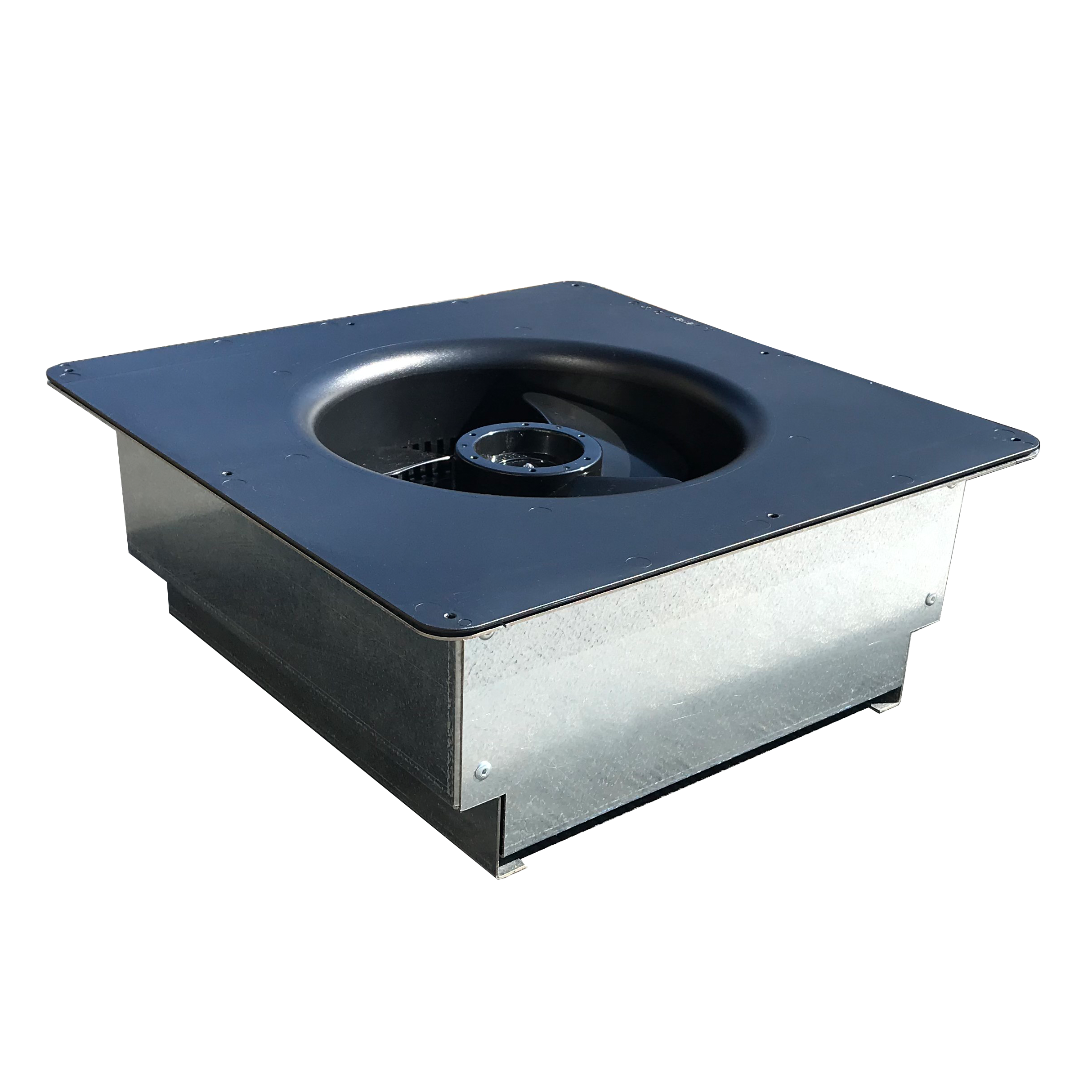 Angled view of the Big Air 400 CFM Solar Exhaust Vent without solar panel, showing internal fan assembly and durable galvanized steel housing for container and rooftop ventilation