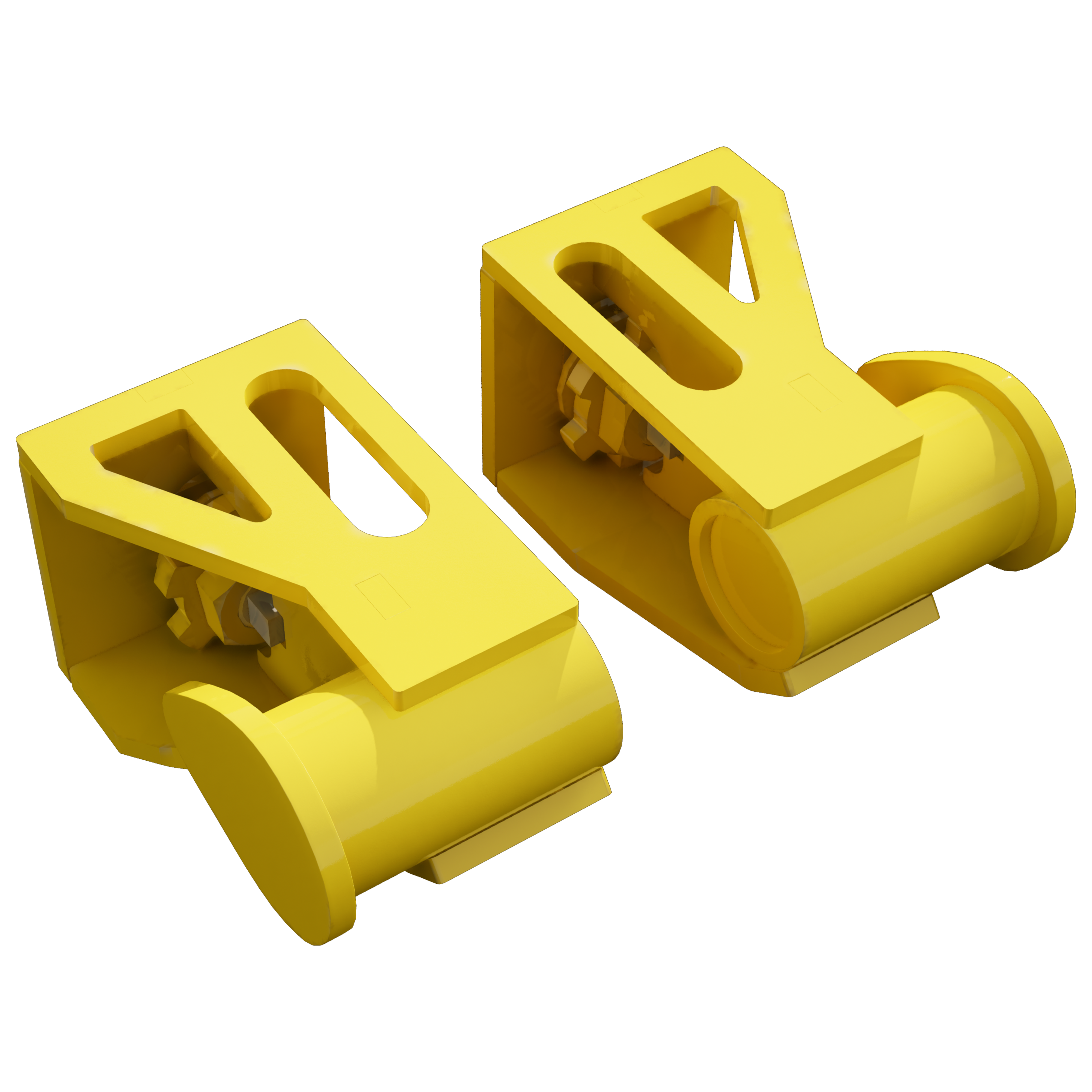 Angled view of two heavy-duty yellow powder-coated Quick Attach Skids with open cutout design and bolt hardware, used for secure rigging of shipping containers and oilfield equipment.

